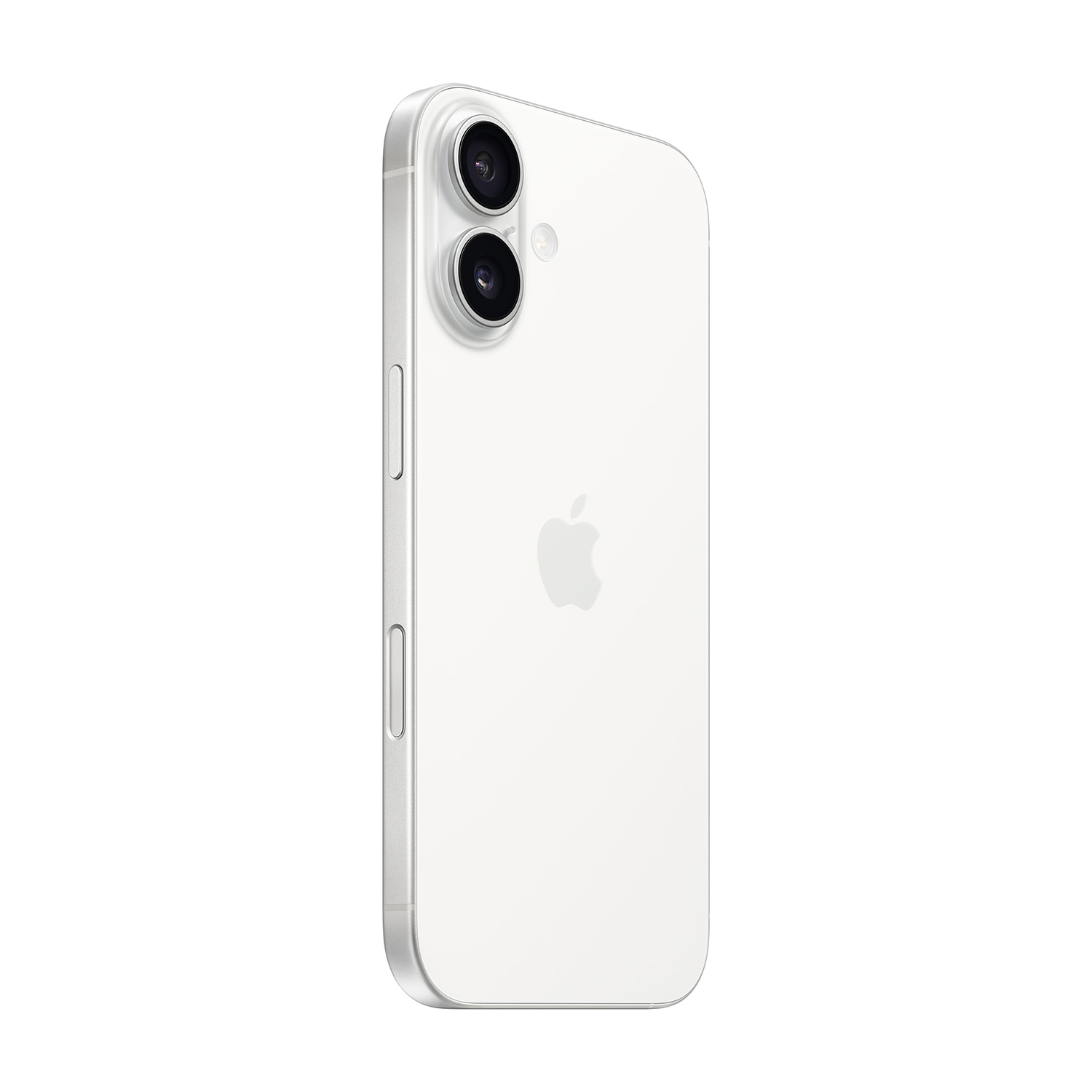Smartphone bianco con due fotocamere posteriori e cornice argentata, su sfondo bianco.
