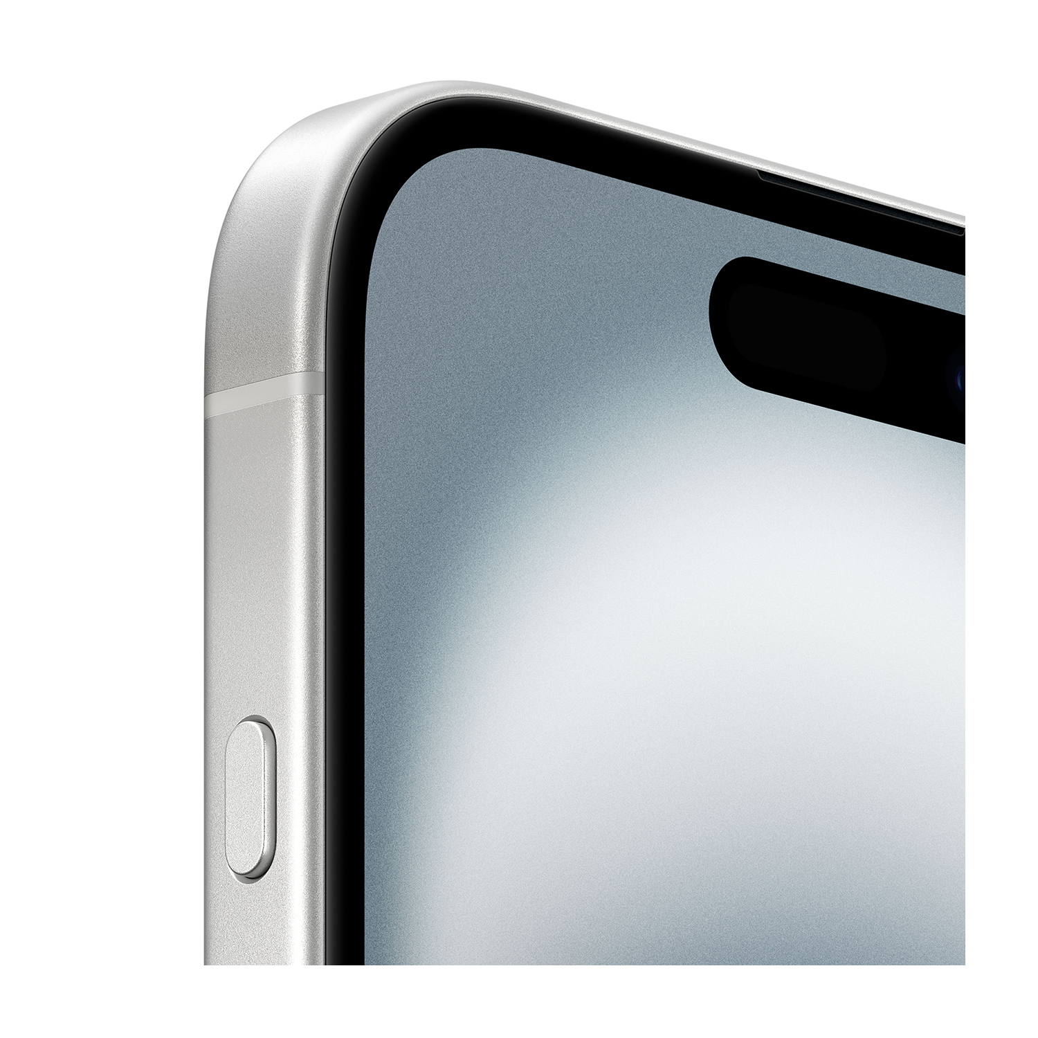 Primo piano dello schermo e del telaio di un telefono. Schermo grigio, cornice argentata e un pulsante laterale sono visibili.