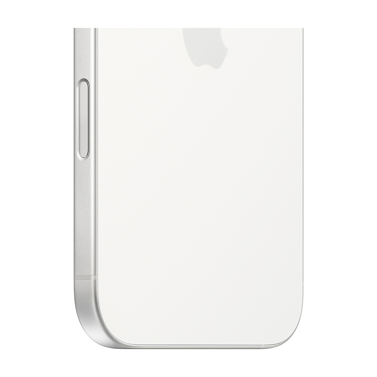 Primo piano di un telefono argentato con retro bianco e rilievo della fotocamera. Il logo Apple è visibile.