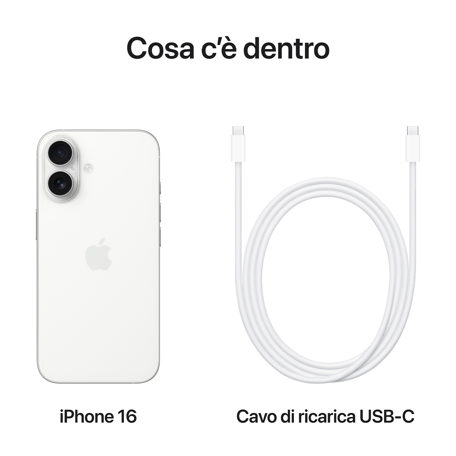 iPhone 16 bianco accanto a un cavo di ricarica USB-C bianco, su sfondo bianco. Testo: Cosa c'è dentro.