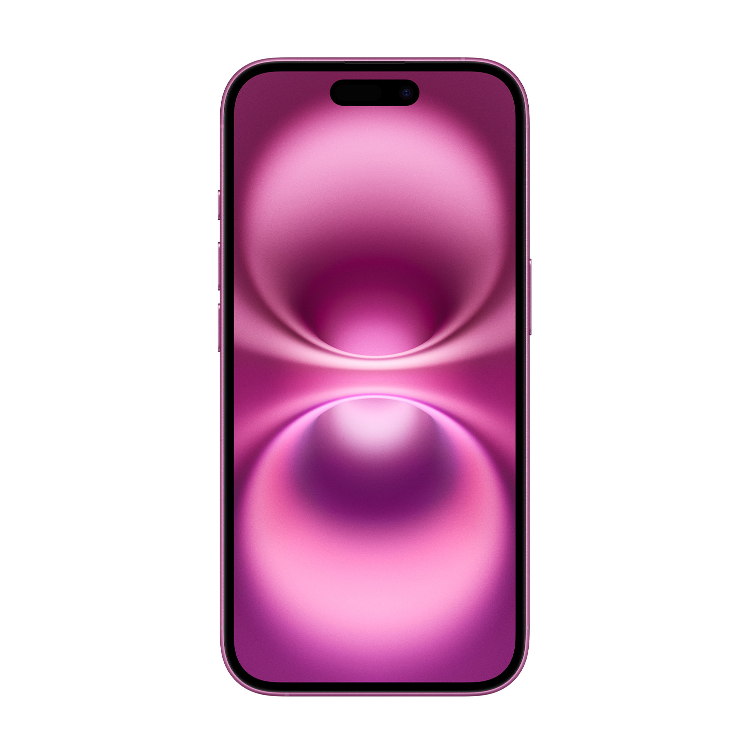 Un iPhone rosa con display rosa. Lo schermo mostra un'immagine astratta rosa e viola.