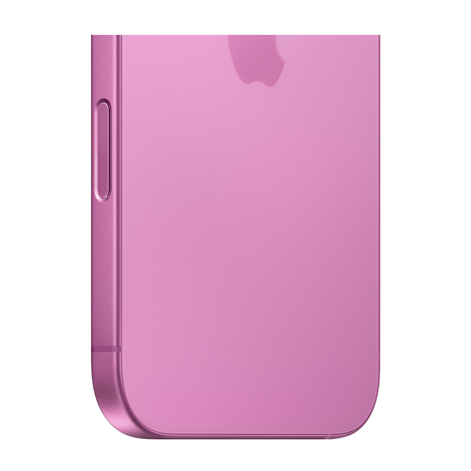 Primo piano del retro di un iPhone rosa, che mostra il logo Apple e il pulsante laterale.