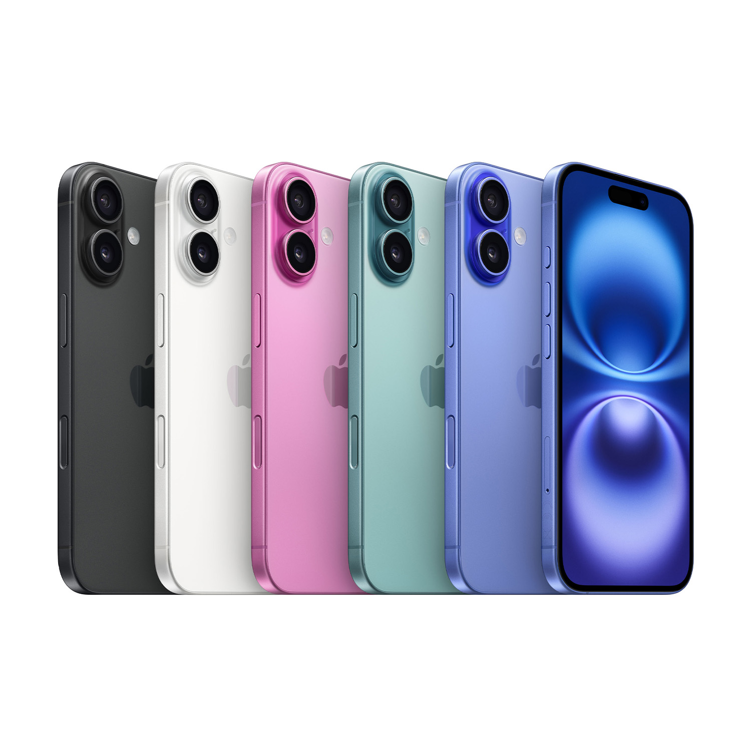Sei iPhone colorati sono disposti in fila. Ogni telefono ha un colore diverso.