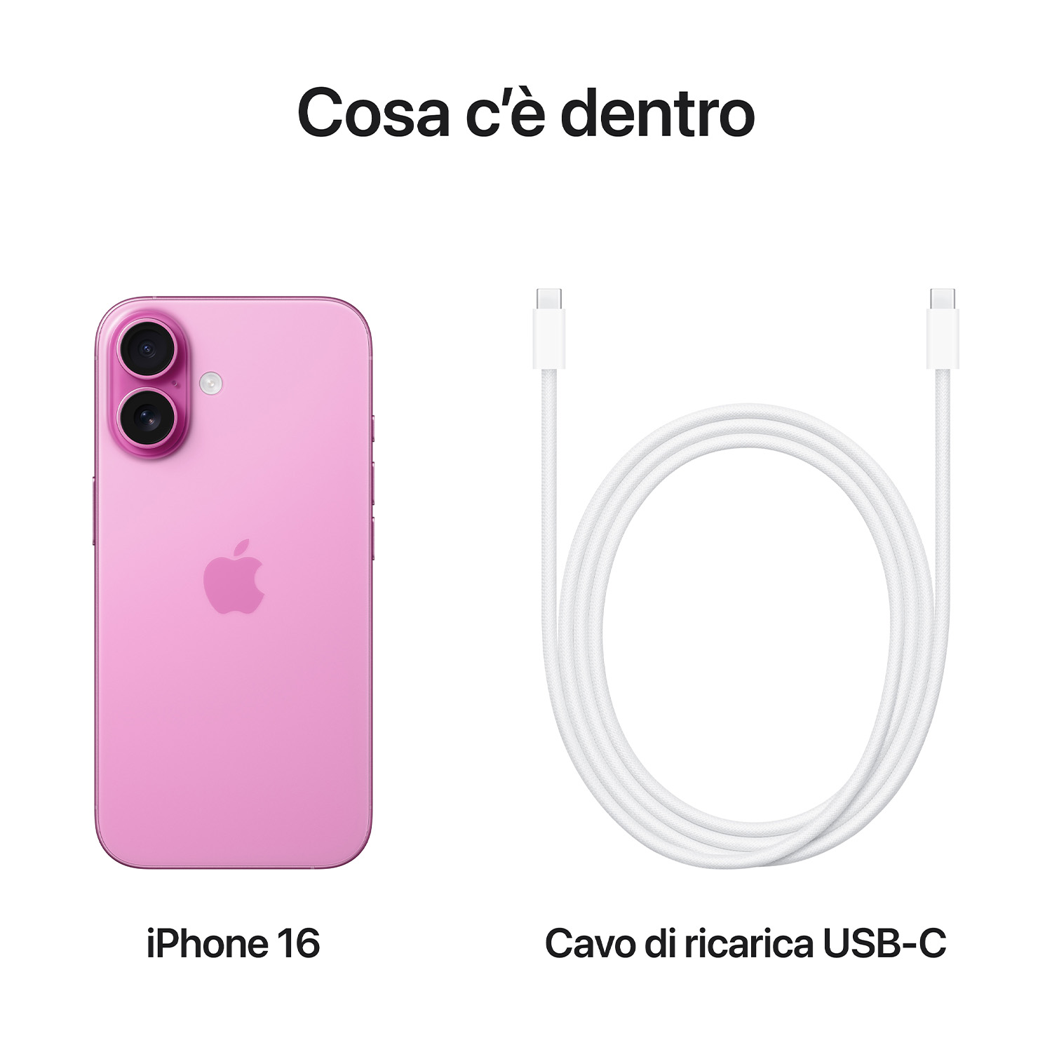 iPhone 16 rosa e cavo di ricarica USB-C bianco. Articoli su una superficie bianca.