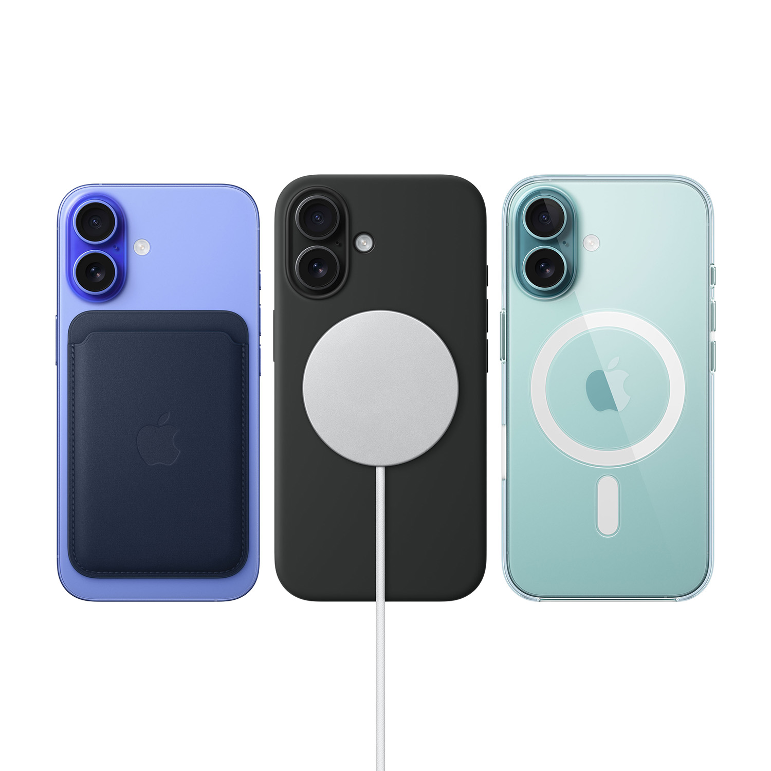 Tre custodie per iPhone e iPhone blu, neri e verde chiaro.