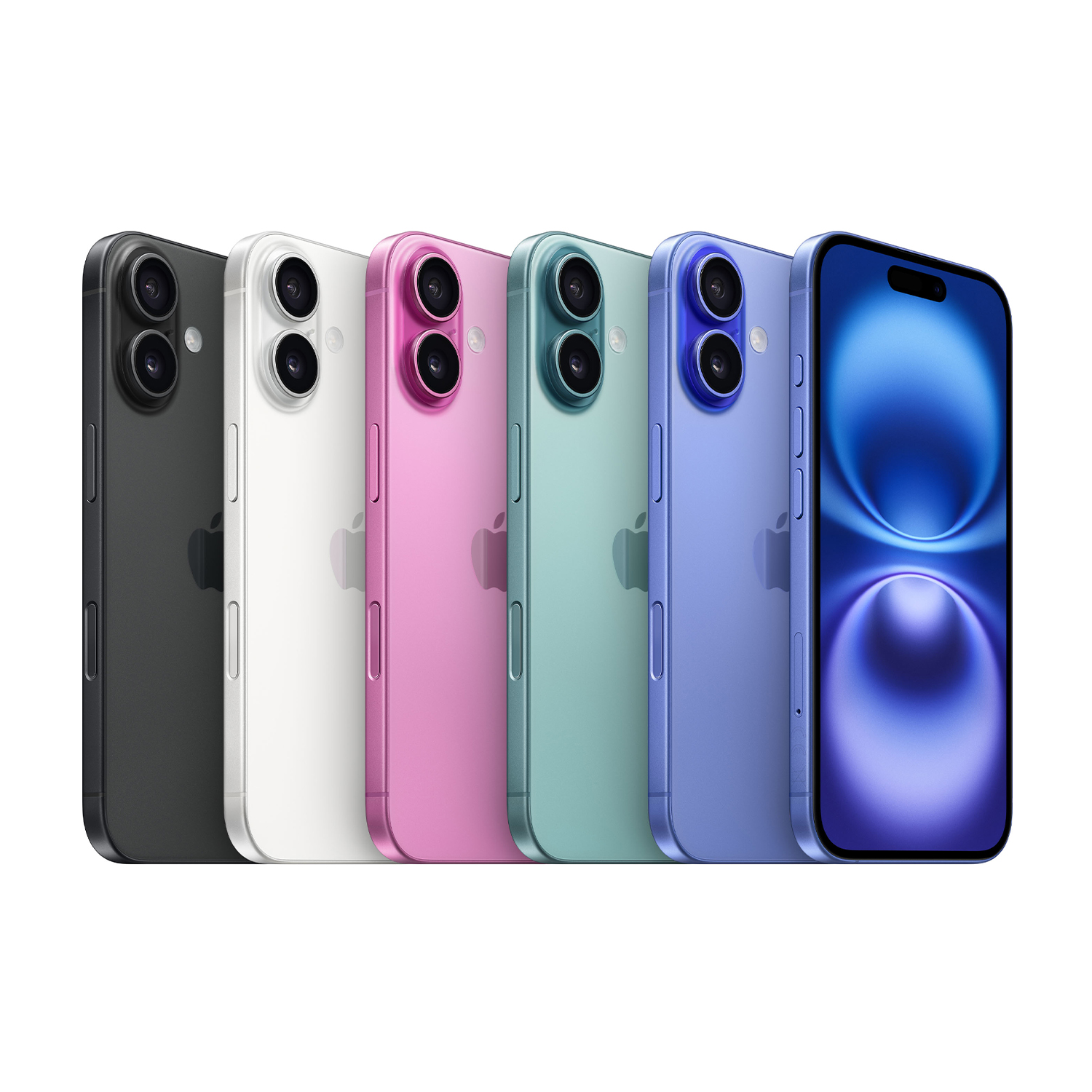 Cinque iPhone colorati in fila: nero, bianco, rosa, verde, blu.