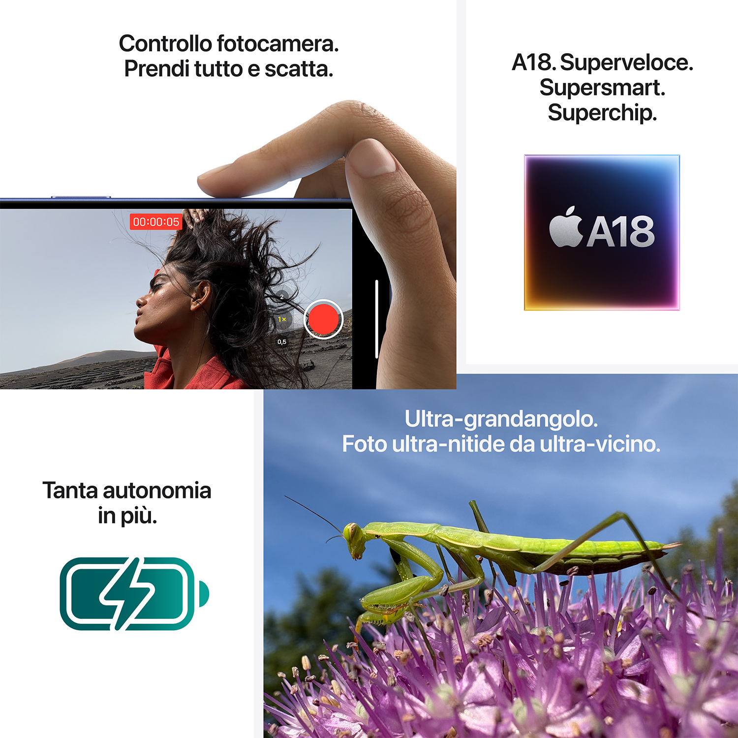 Un collage mostra una donna che registra un video, un chip A18 e una mantide verde su un fiore.