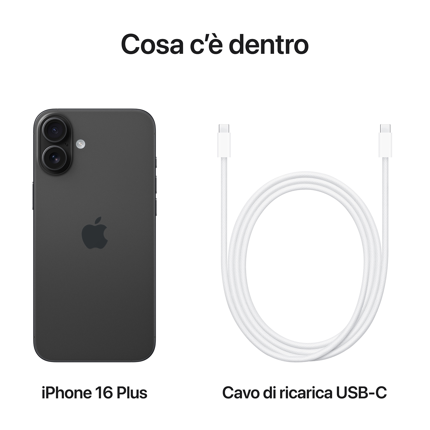 Un iPhone nero e un cavo USB-C bianco, con testo italiano sopra.