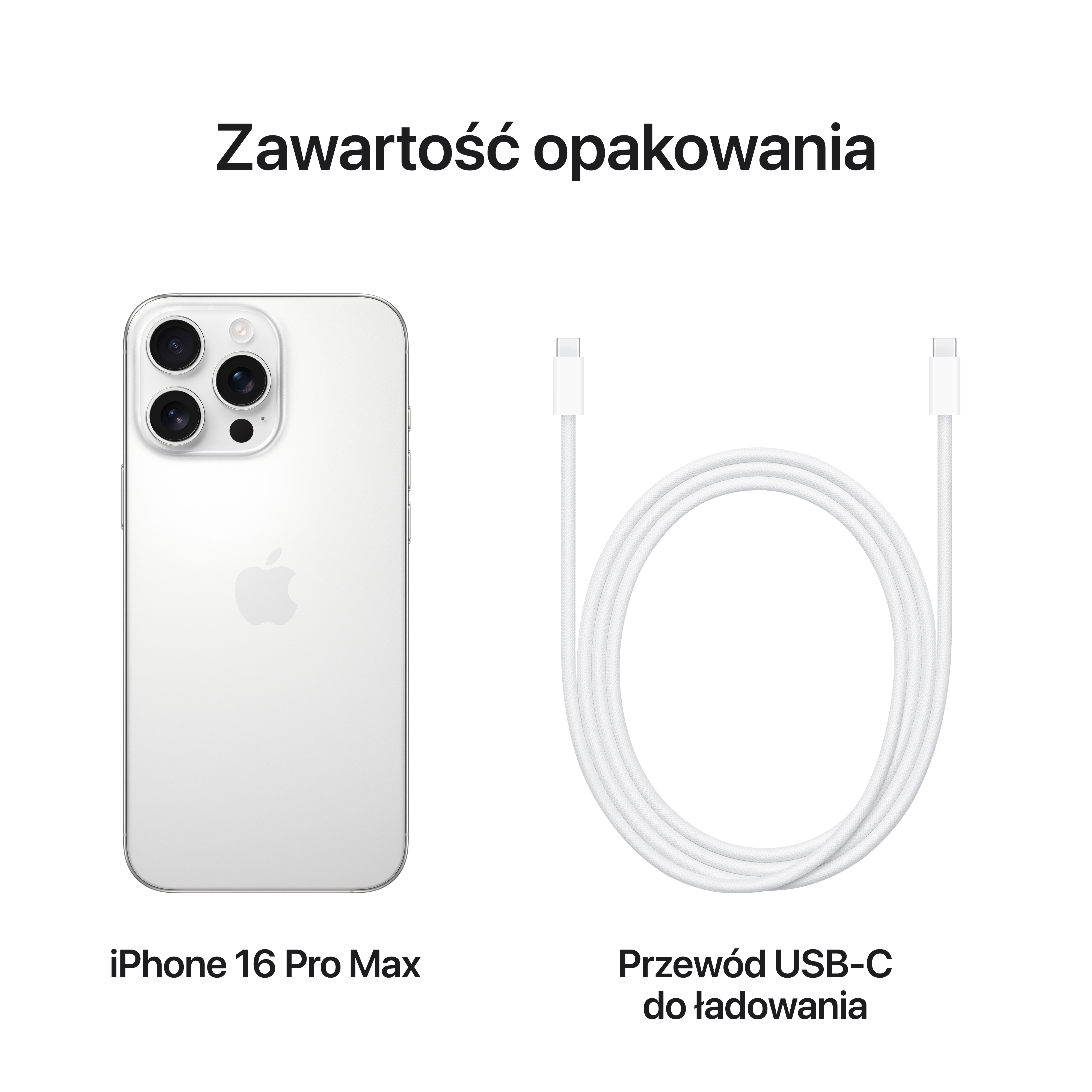 iPhone 16 Pro Max i biały kabel ładujący USB-C umieszczone obok siebie na białym tle.