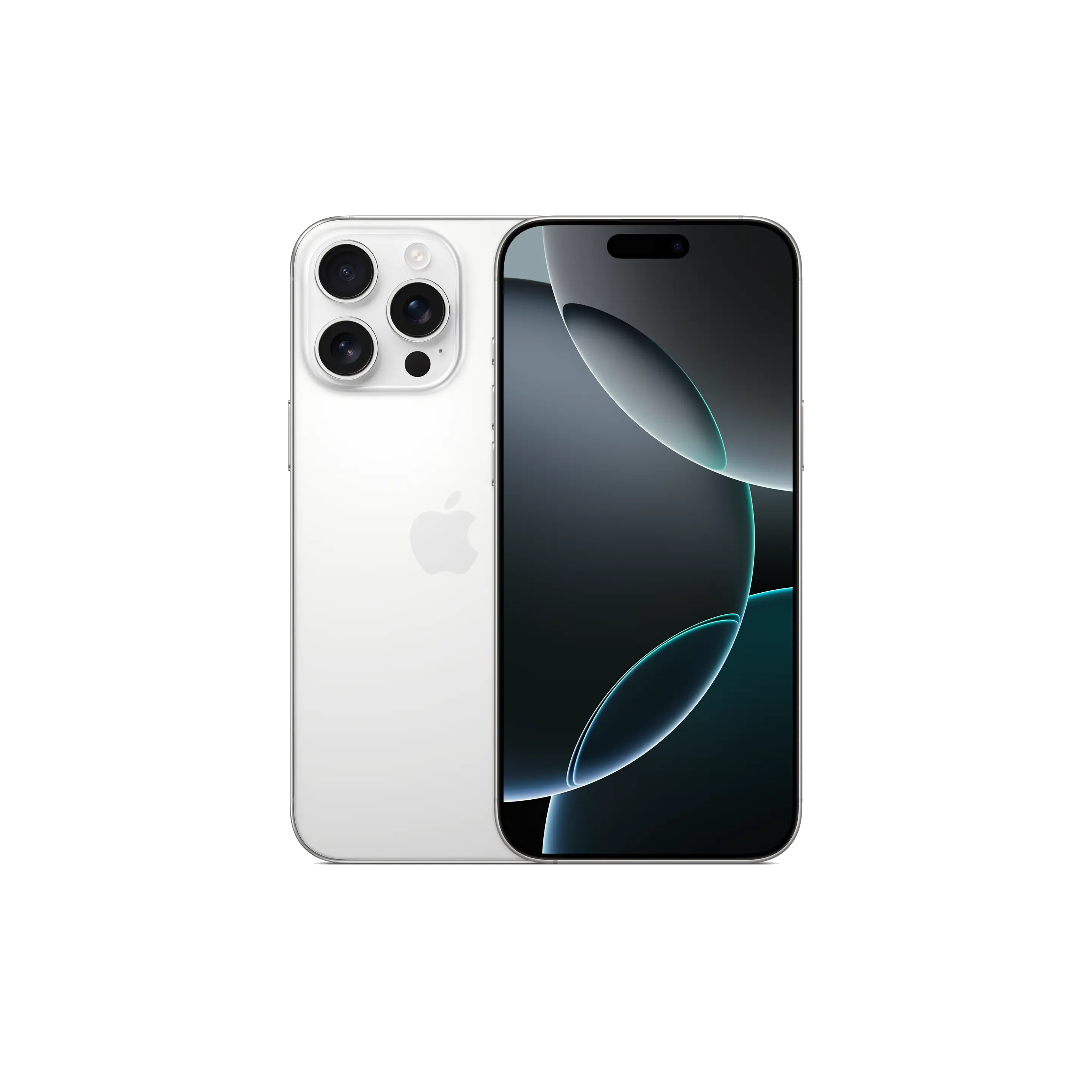 Un iPhone blanco con tres lentes de cámara. La pantalla muestra un fondo oscuro con un diseño verde.