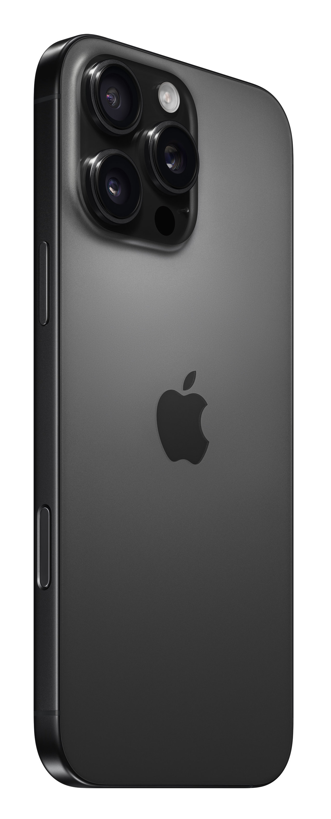 Czarny iPhone 15 Pro. Trzy aparaty, logo Apple. Szary kolor, widok z boku.