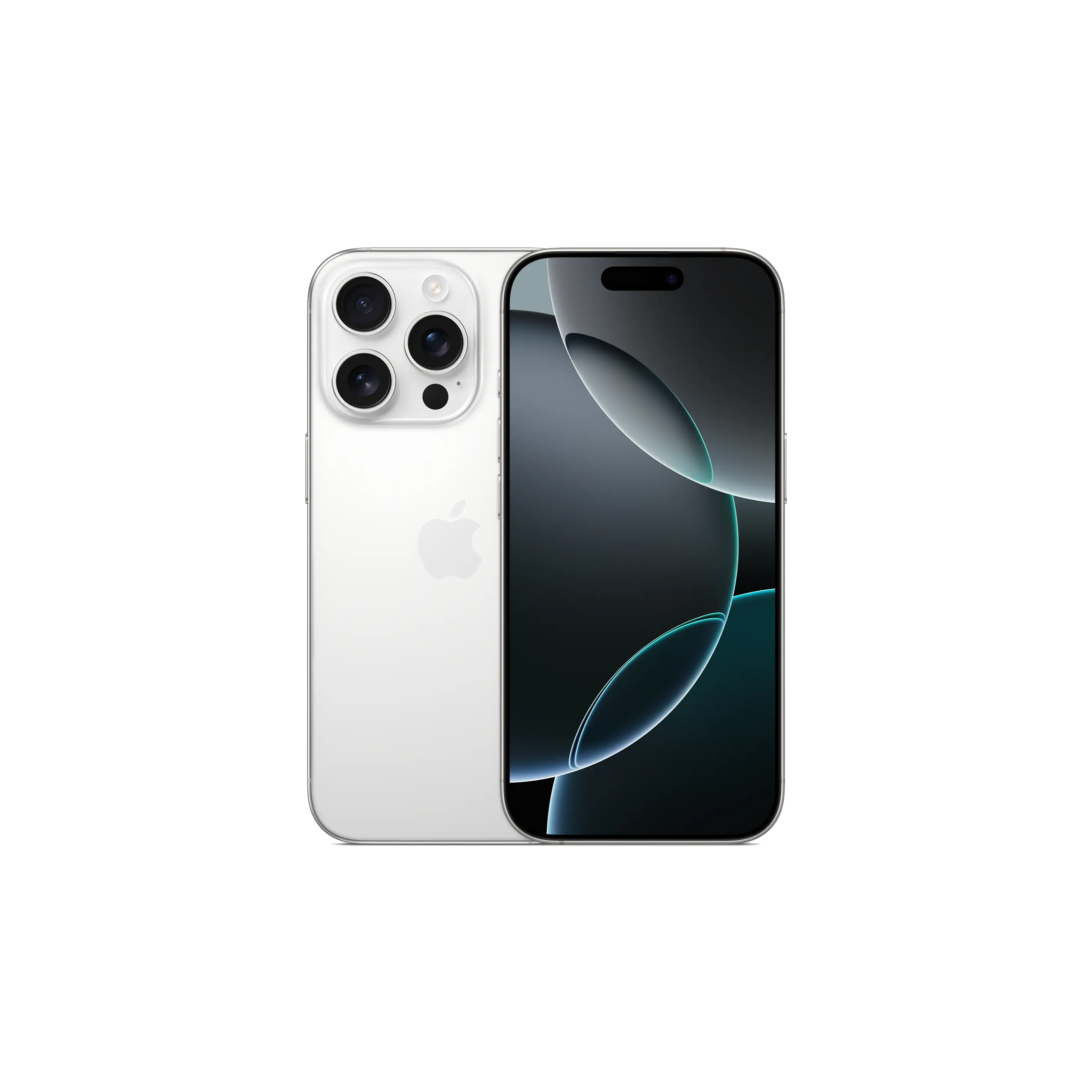 Un iPhone blanco con tres cámaras traseras. La pantalla muestra un diseño negro y azul. El logotipo de Apple está en la parte posterior.