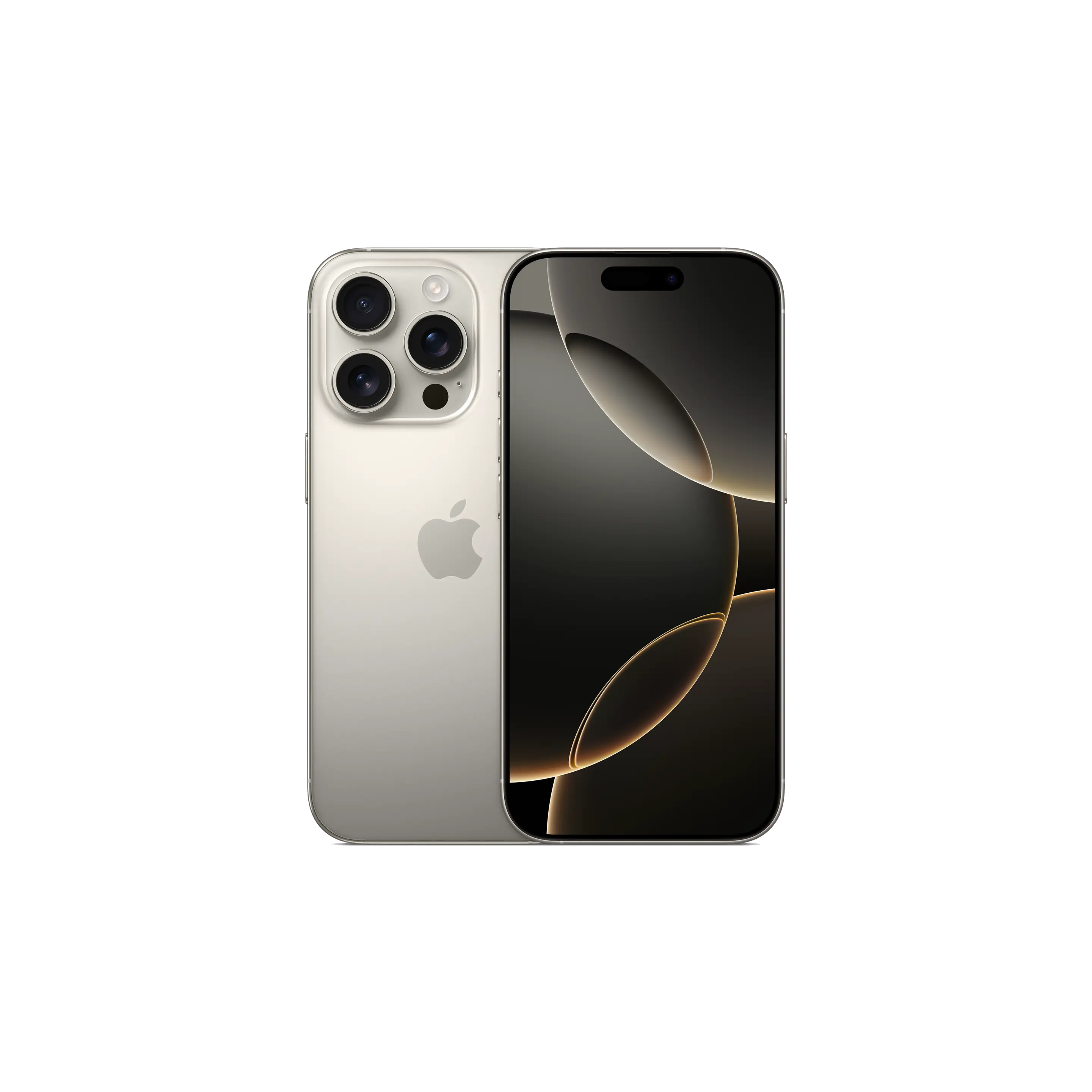 iPhone 15 Pro en plata, mostrando cámaras traseras y pantalla frontal. Logotipo de Apple visible en la parte trasera.