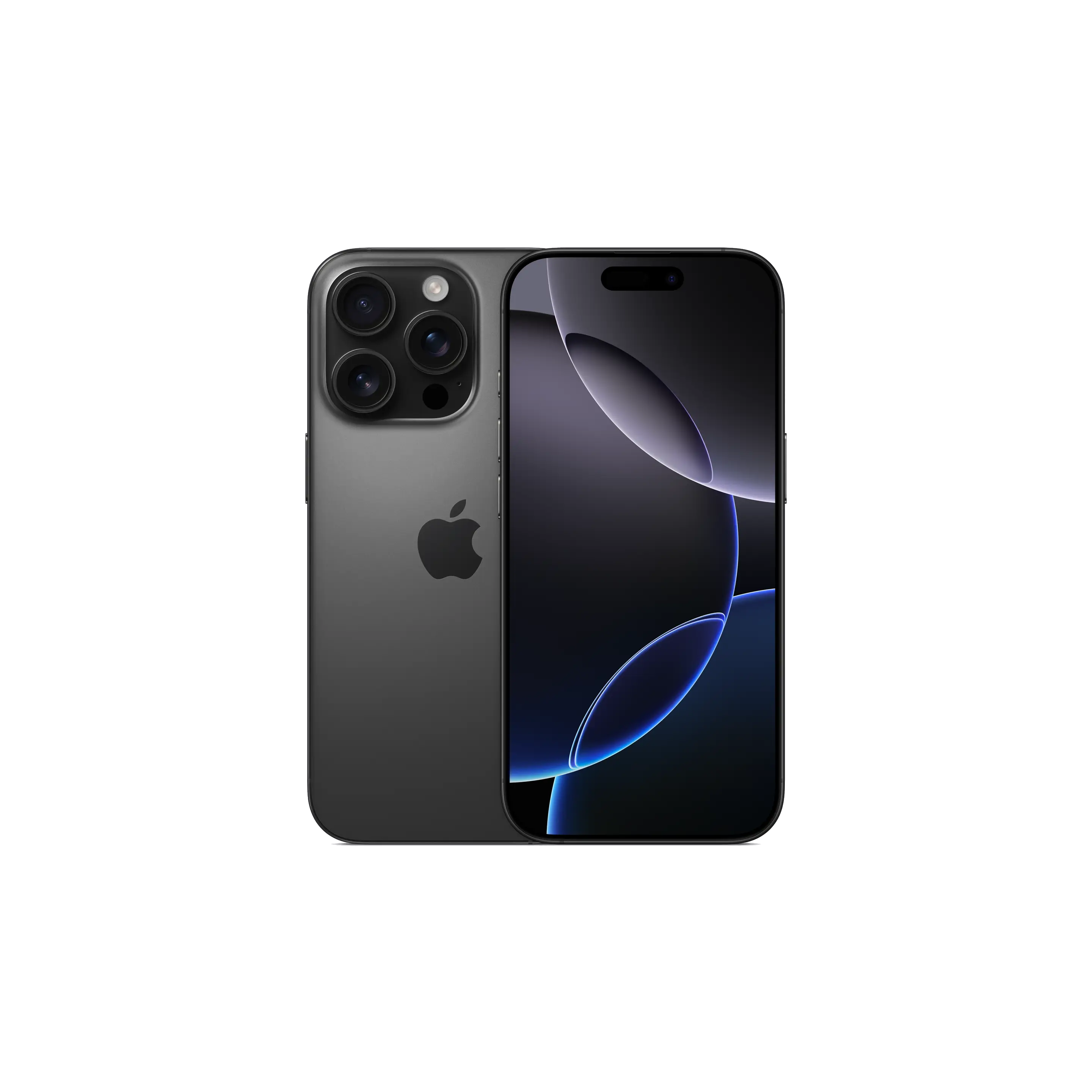 iPhone gris oscuro con configuración de triple cámara. La parte trasera muestra el logo de Apple. Fondo abstracto oscuro.