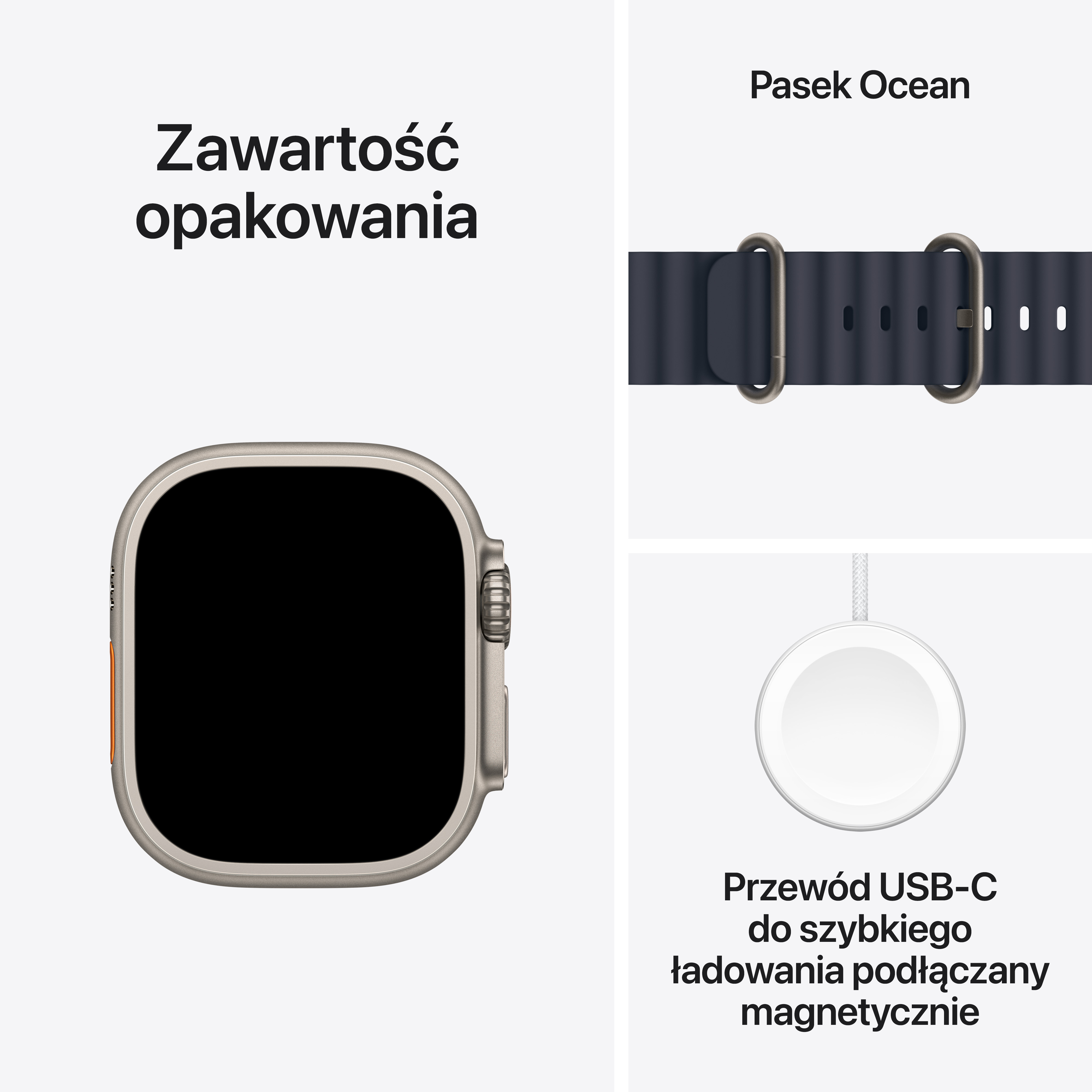 Części zegarka: Zegarek, opaska Ocean i kabel ładujący USB-C. Białe tło.