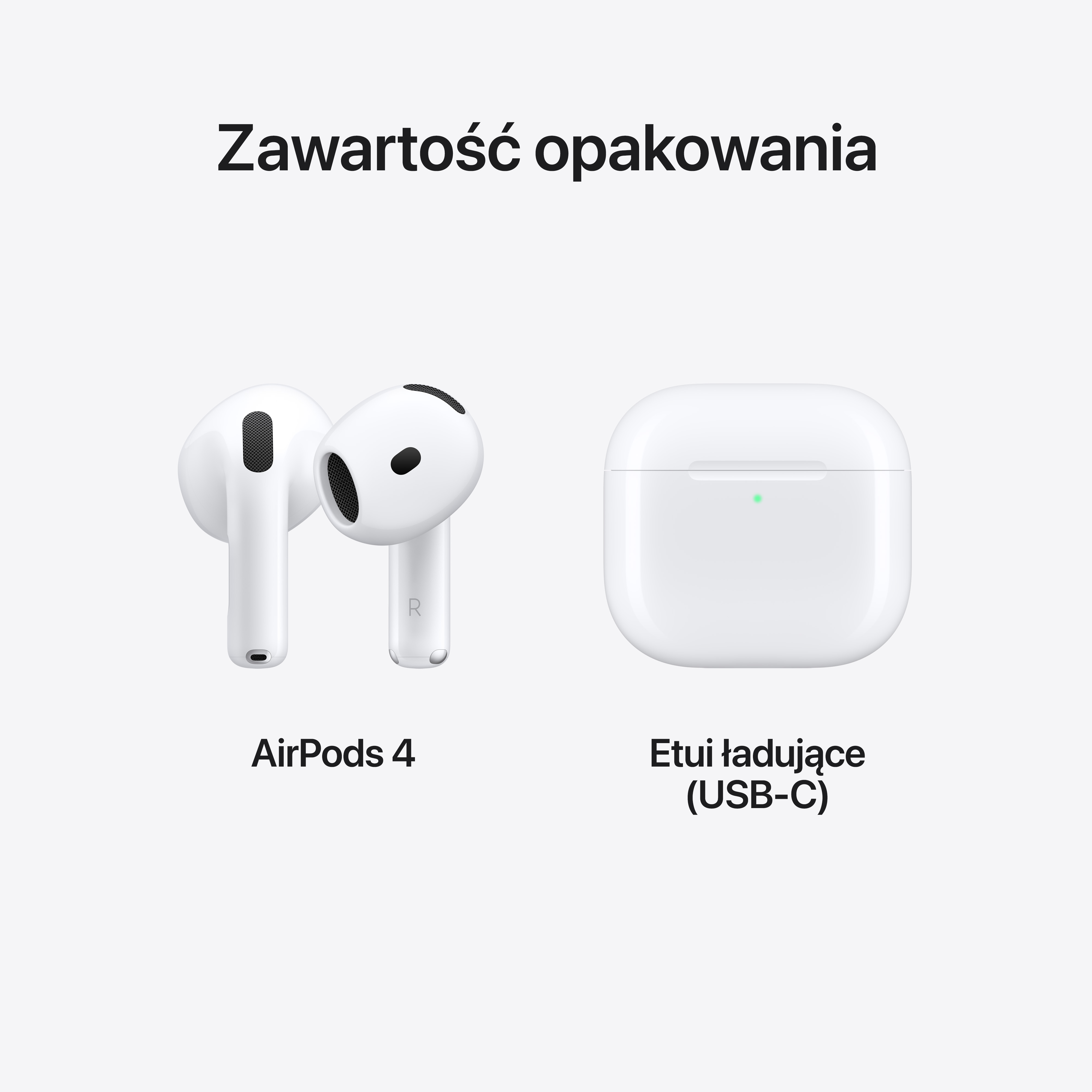 Białe AirPods 4 i etui ładujące na białym tle, z etykietami tekstowymi.