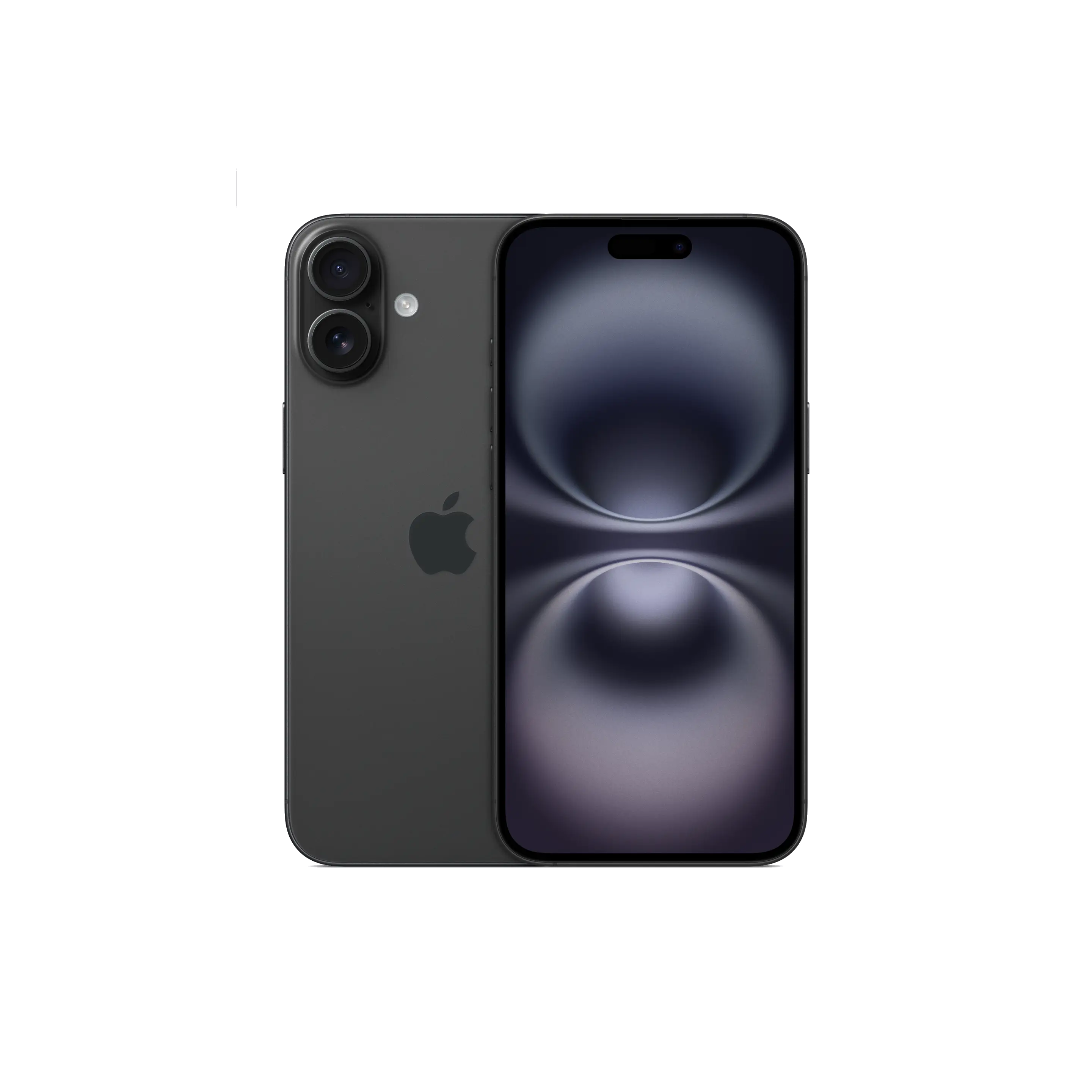 iPhone negro con dos cámaras traseras y logo de Apple. Pantalla con diseño oscuro y borroso.