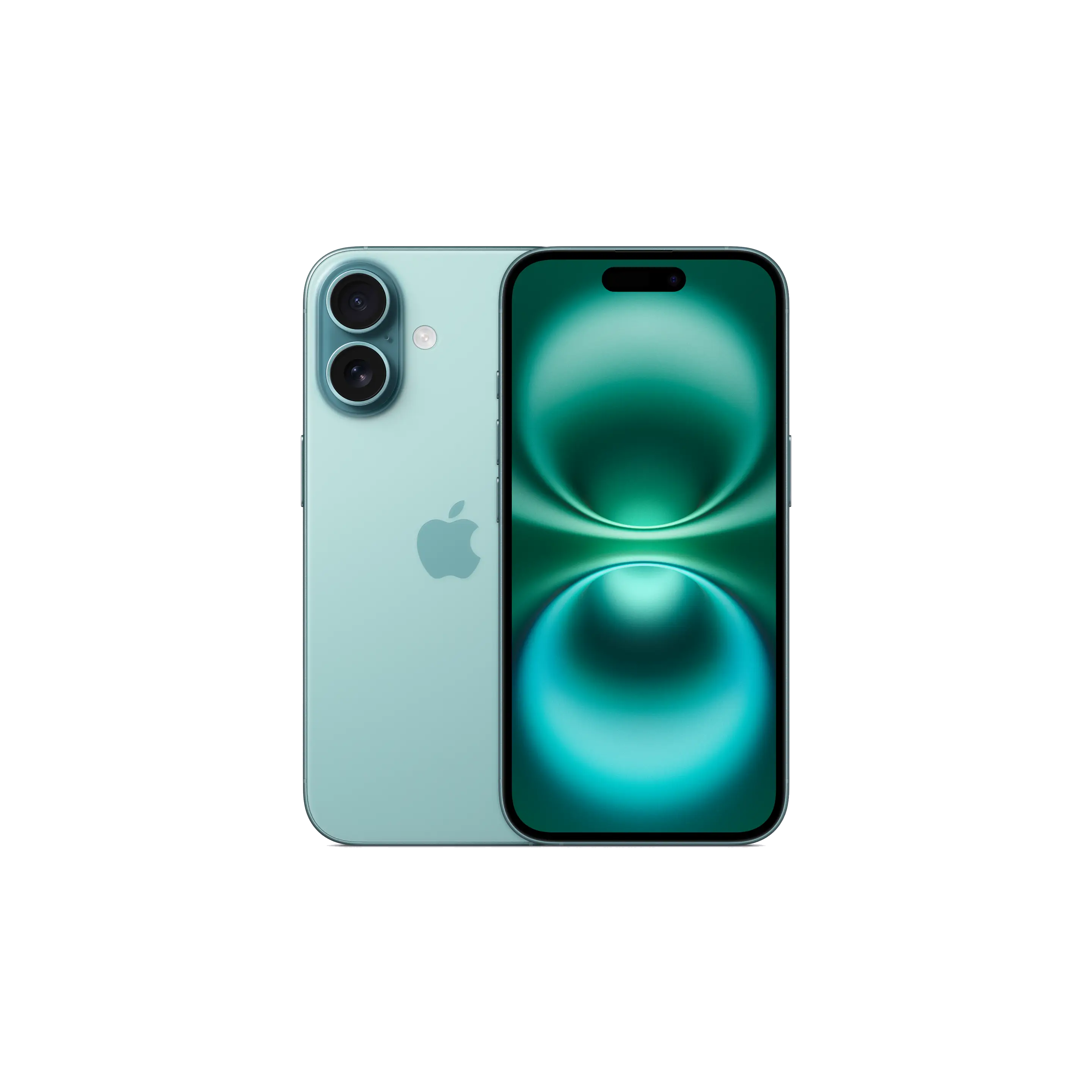 Dos teléfonos, vista trasera y frontal, color verde menta. Protuberancia de cámara negra, logotipo de Apple visible.