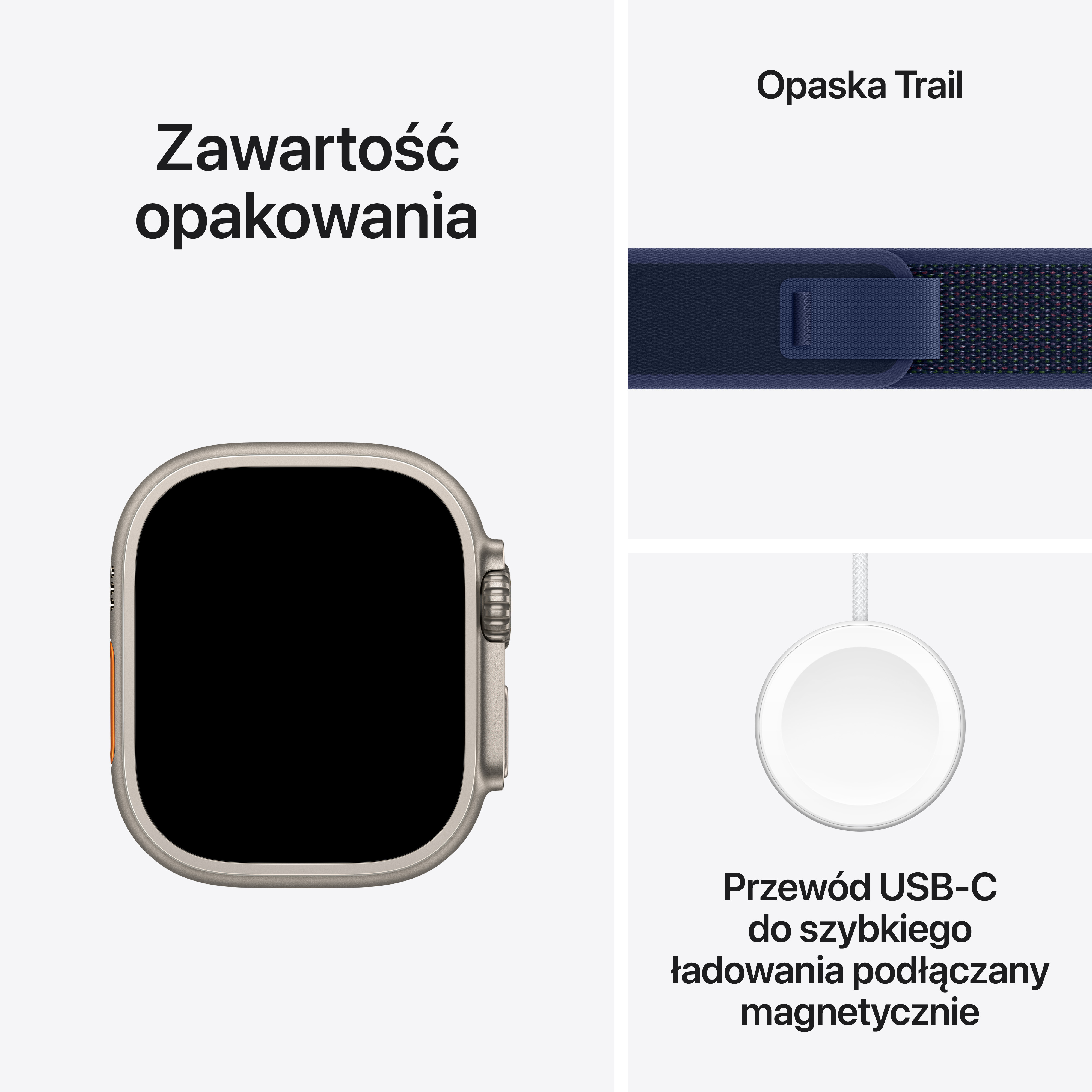 Elementy Apple Watch Ultra: zegarek, pasek Trail i magnetyczny kabel do ładowania USB-C.