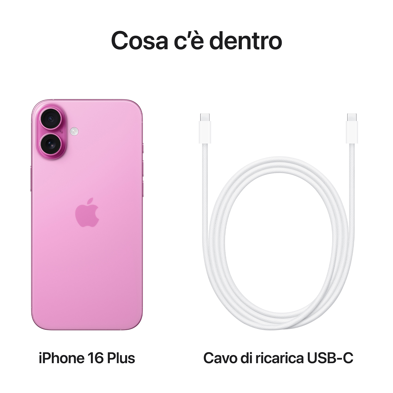 Un iPhone 16 Plus e un cavo di ricarica USB-C, entrambi su sfondo bianco.