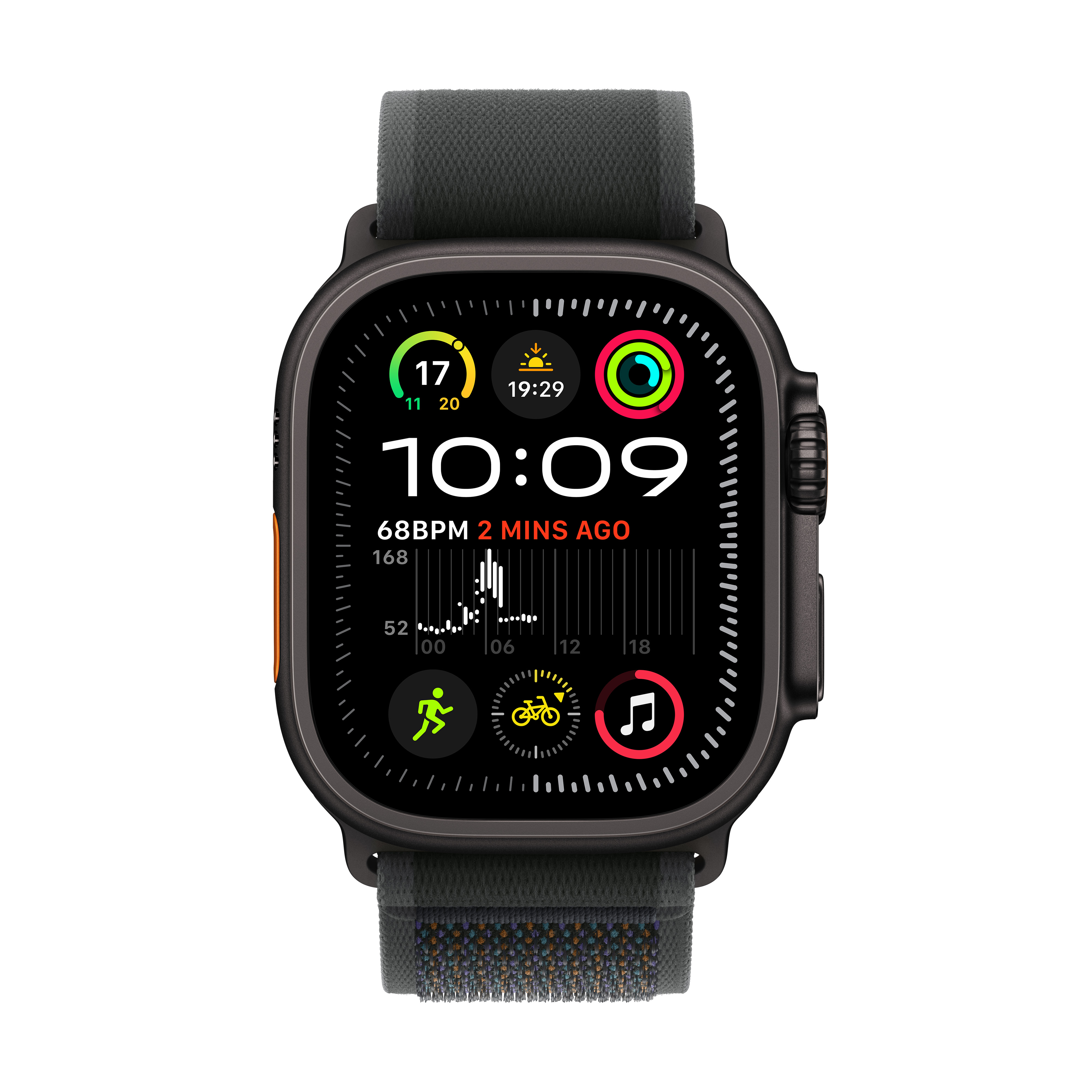 Apple Watch Ultra na nadgarstku. Ekran pokazuje czas, statystyki i dane fitness.