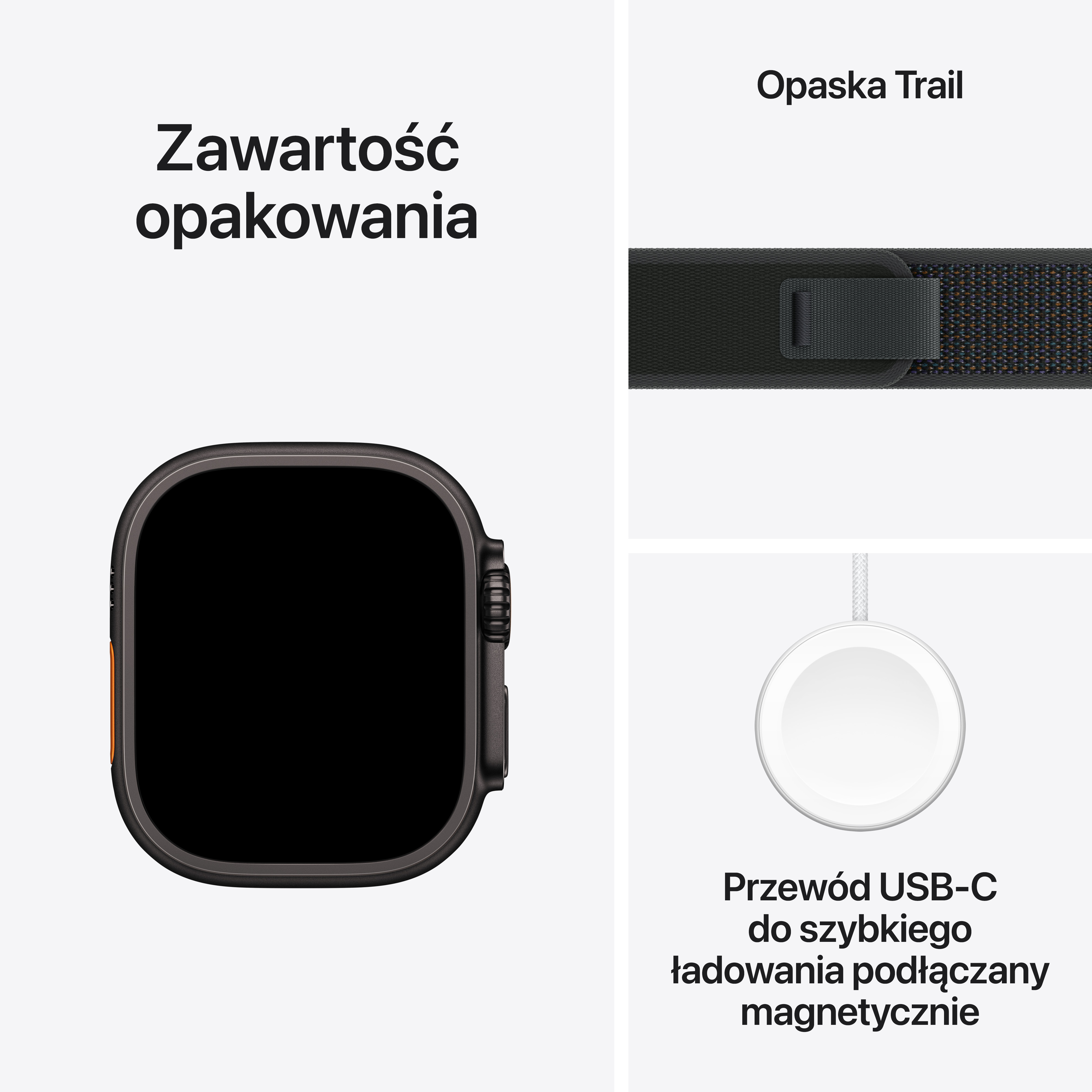 Apple Watch, Trail Band i kabel ładujący USB-C. Zegarek jest czarny. Opaska jest czarno-pomarańczowa. Biała ładowarka.