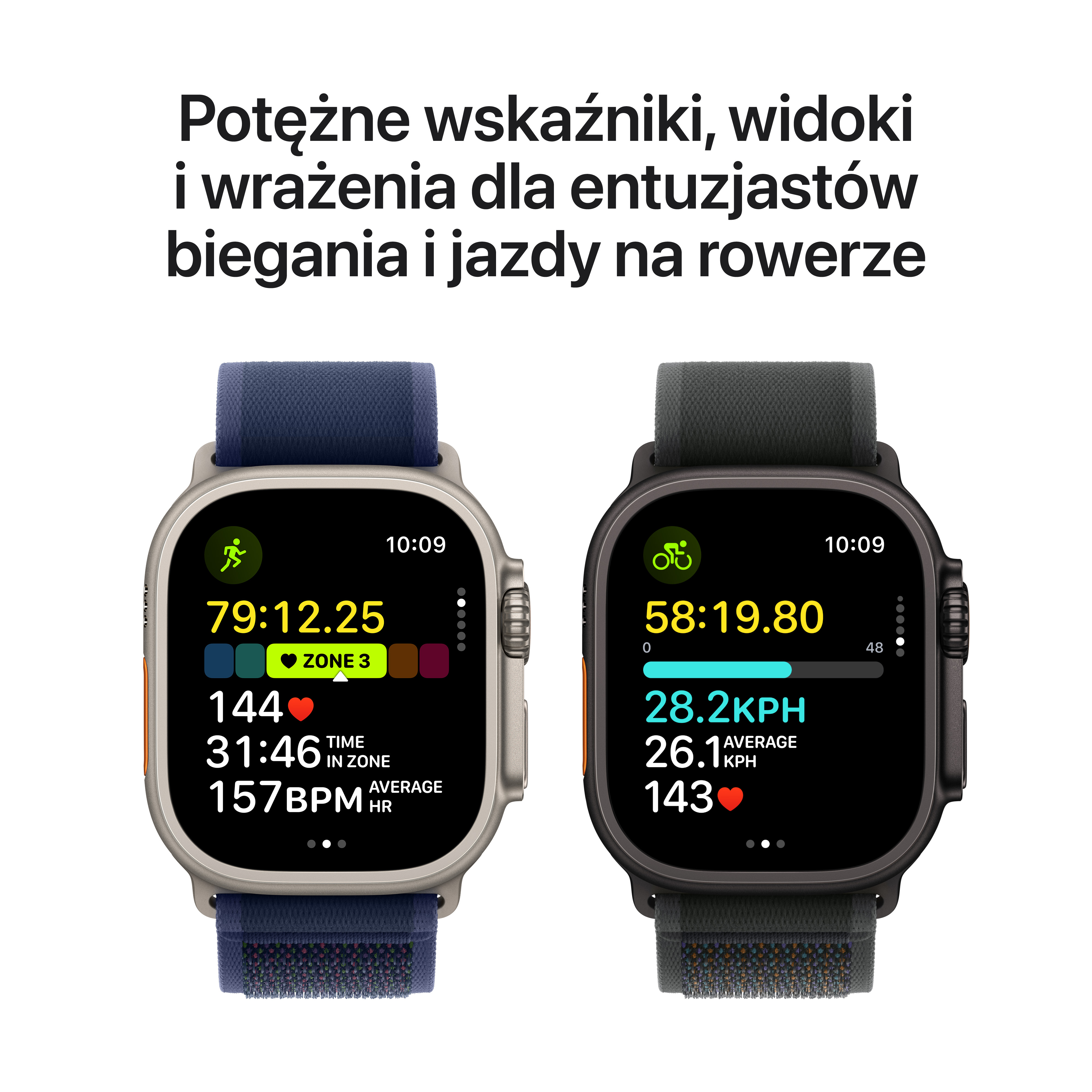 Dwa smartwatche wyświetlające wskaźniki aktywności: czas, tętno i dane strefy.