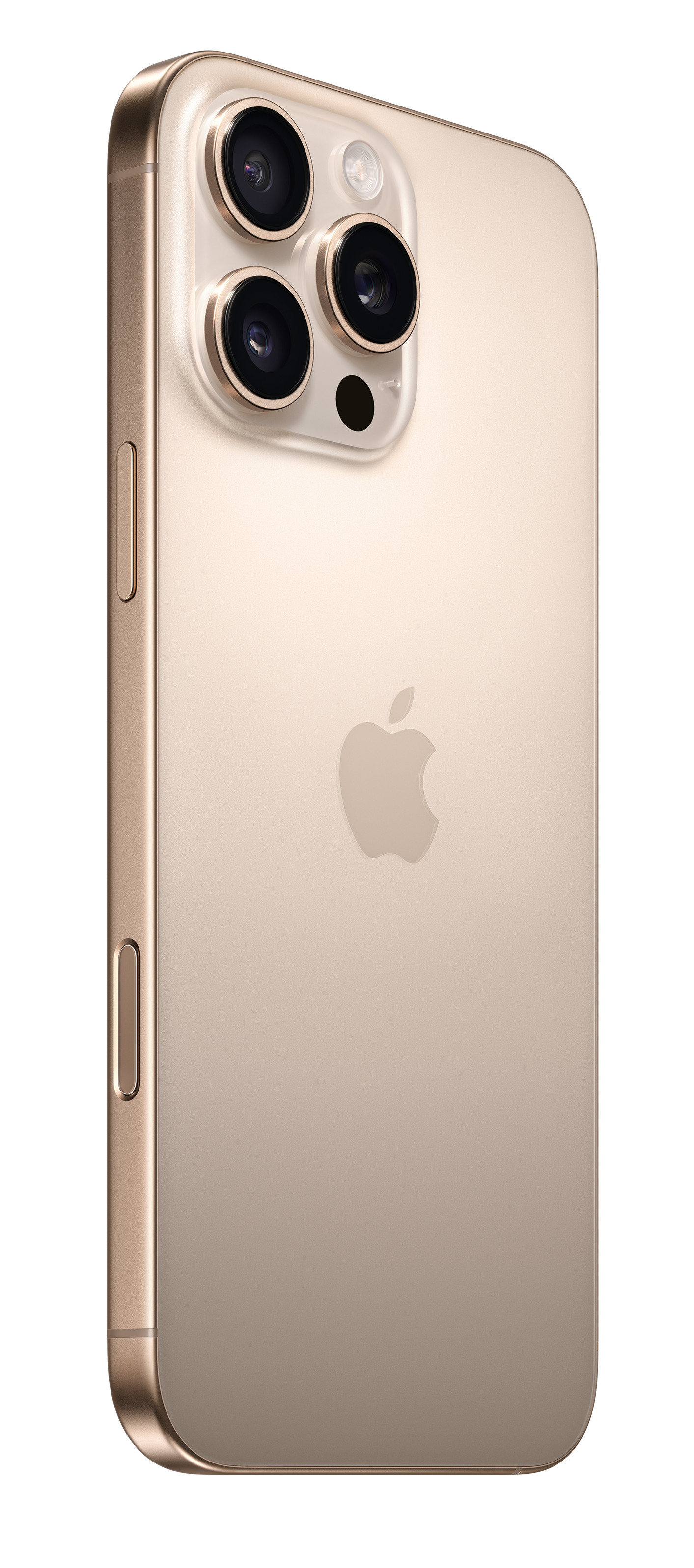 Złoty iPhone, pokazujący tył z logo Apple i obiektywami aparatu, na białym tle.