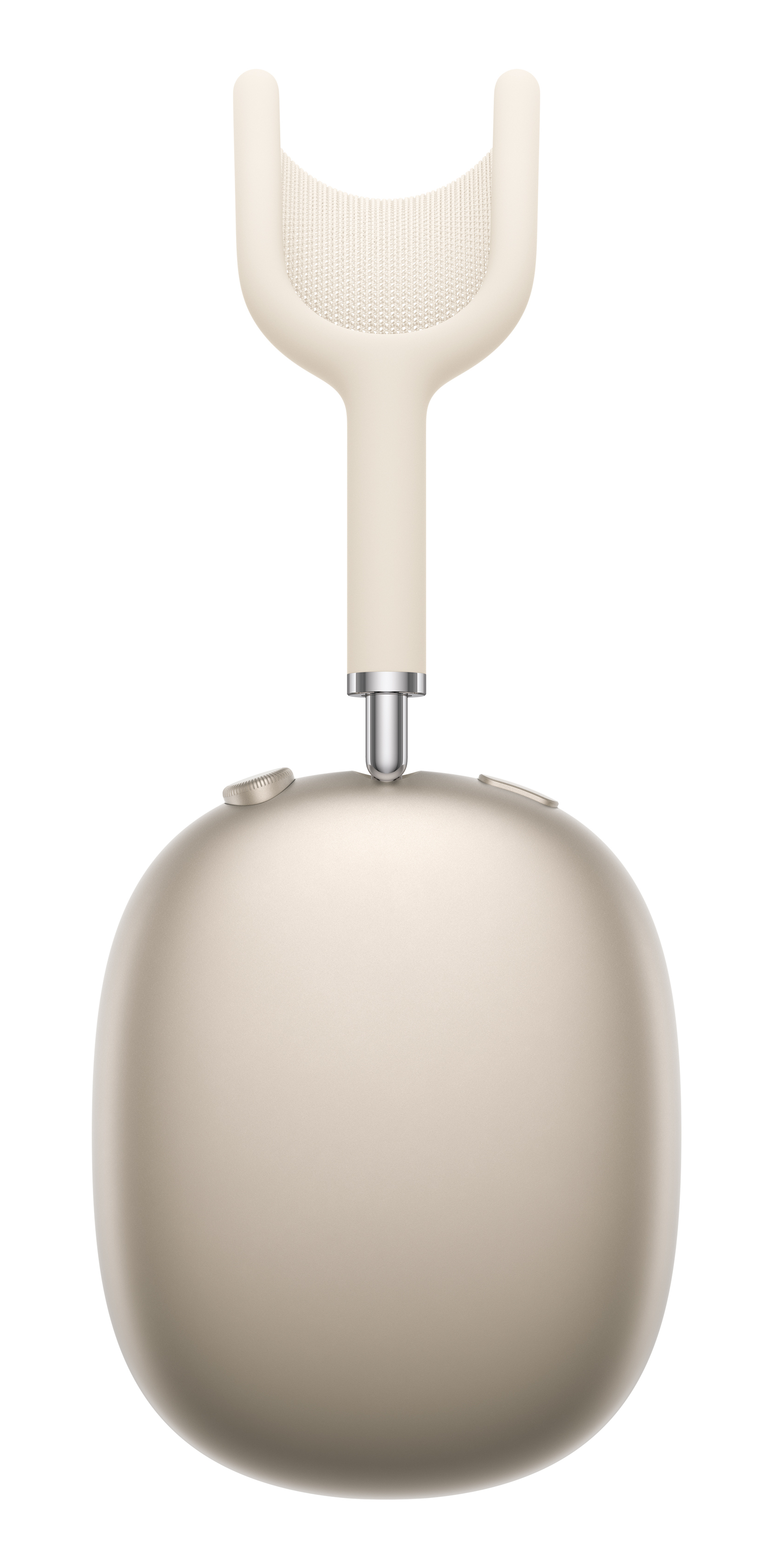 Beżowe słuchawki nauszne na białym tle. Mają unikalny pałąk i dwa boczne przyciski.