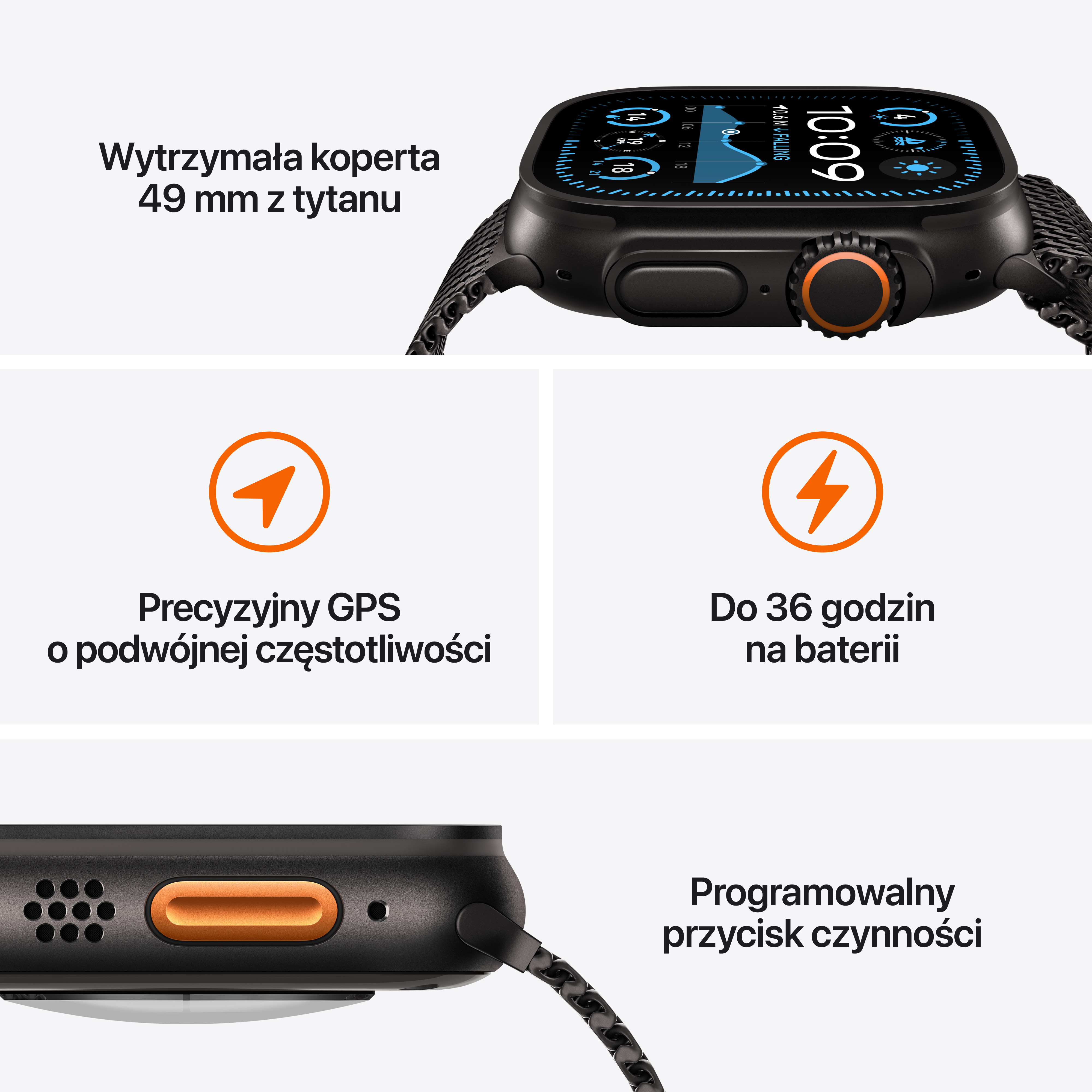 Smartwatch z funkcjami takimi jak GPS, żywotność baterii i programowalny przycisk akcji.