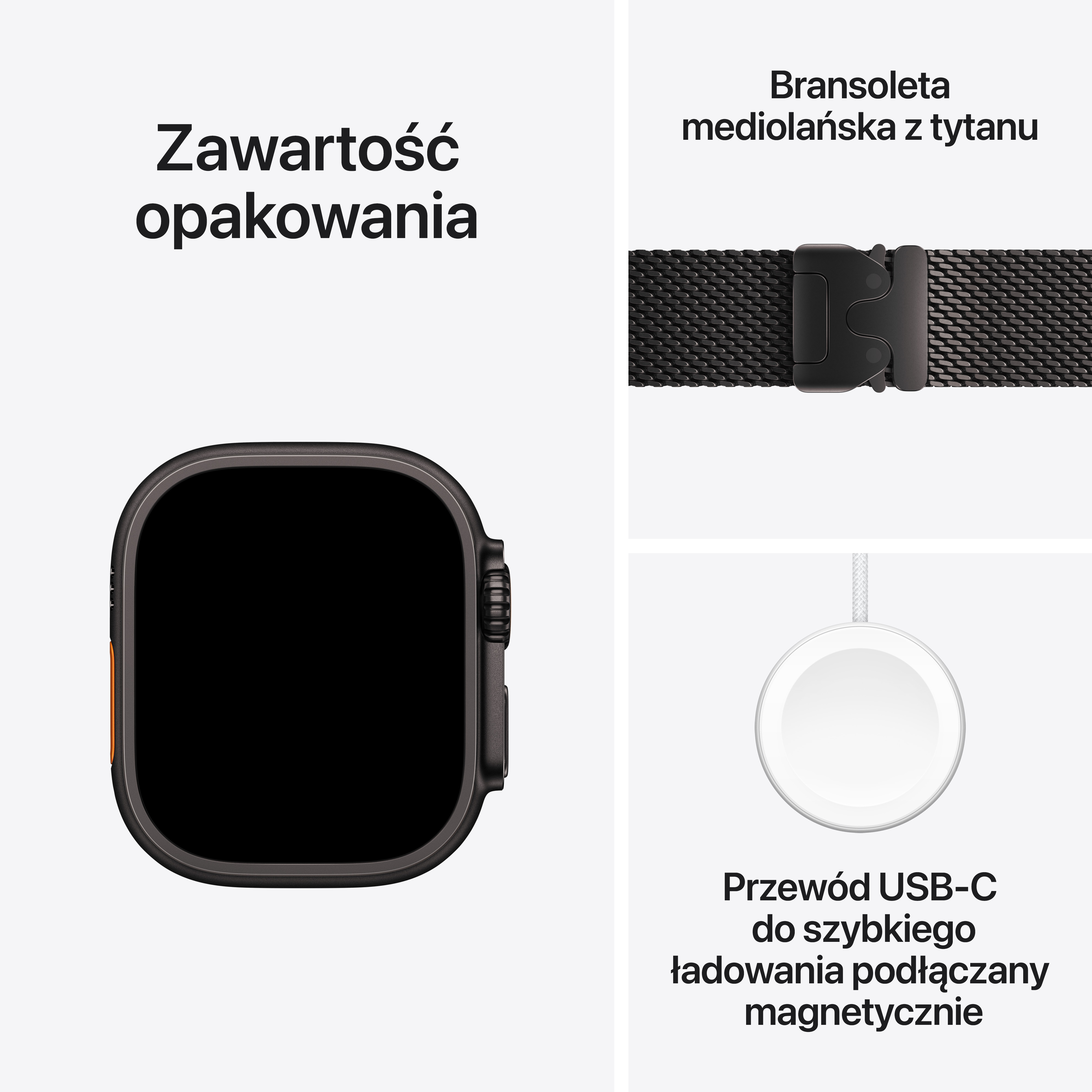 Elementy smartwatcha, w tym zegarek, pasek i kabel ładujący.