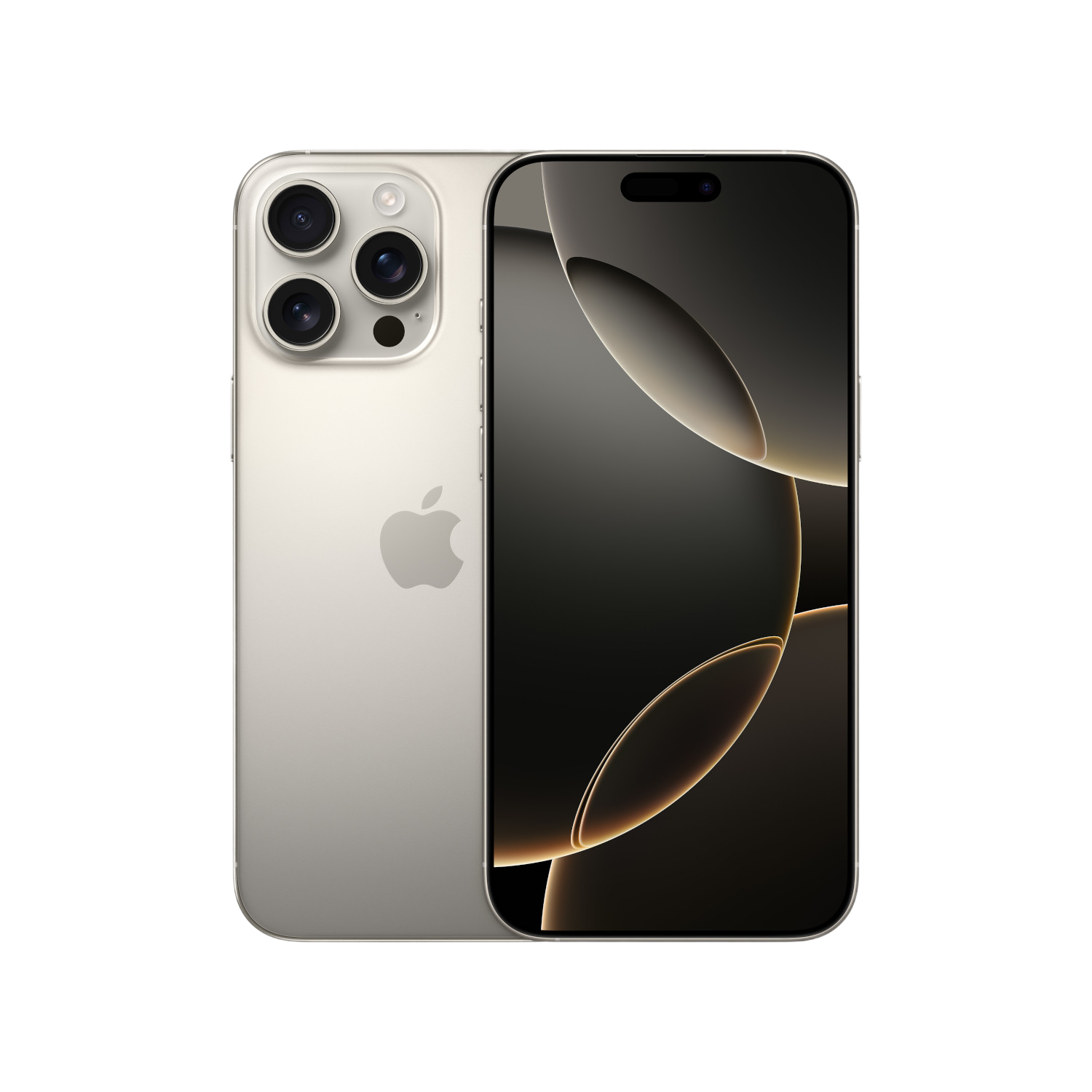 iPhone avec trois caméras, couleur argent, écran noir et fond doré.