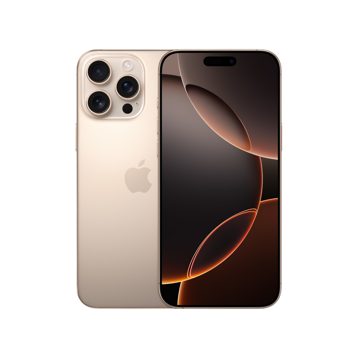 iPhone avec trois caméras, couleur or, écran noir et fond doré.