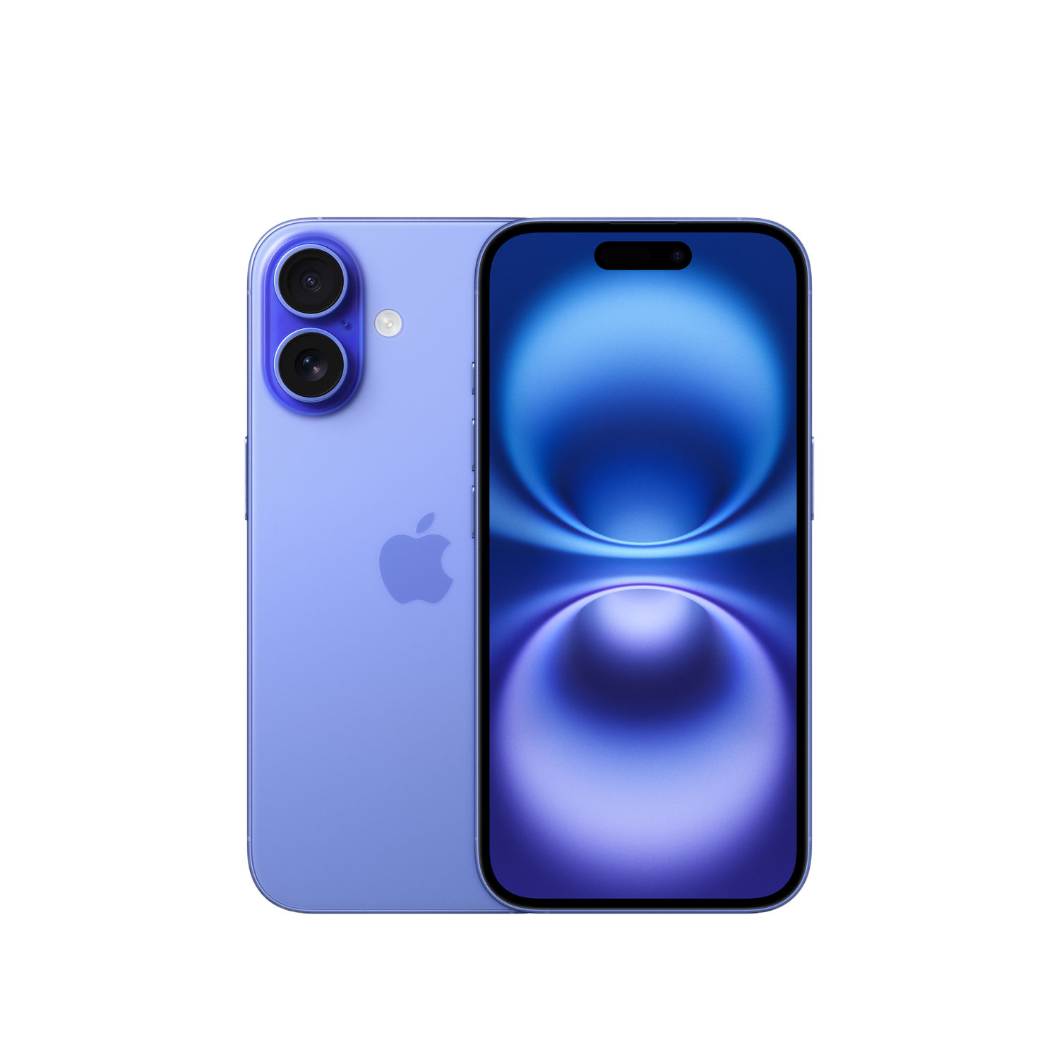 iPhone bleu avec deux caméras et un écran bleu. Le logo Apple est visible. Fond noir.
