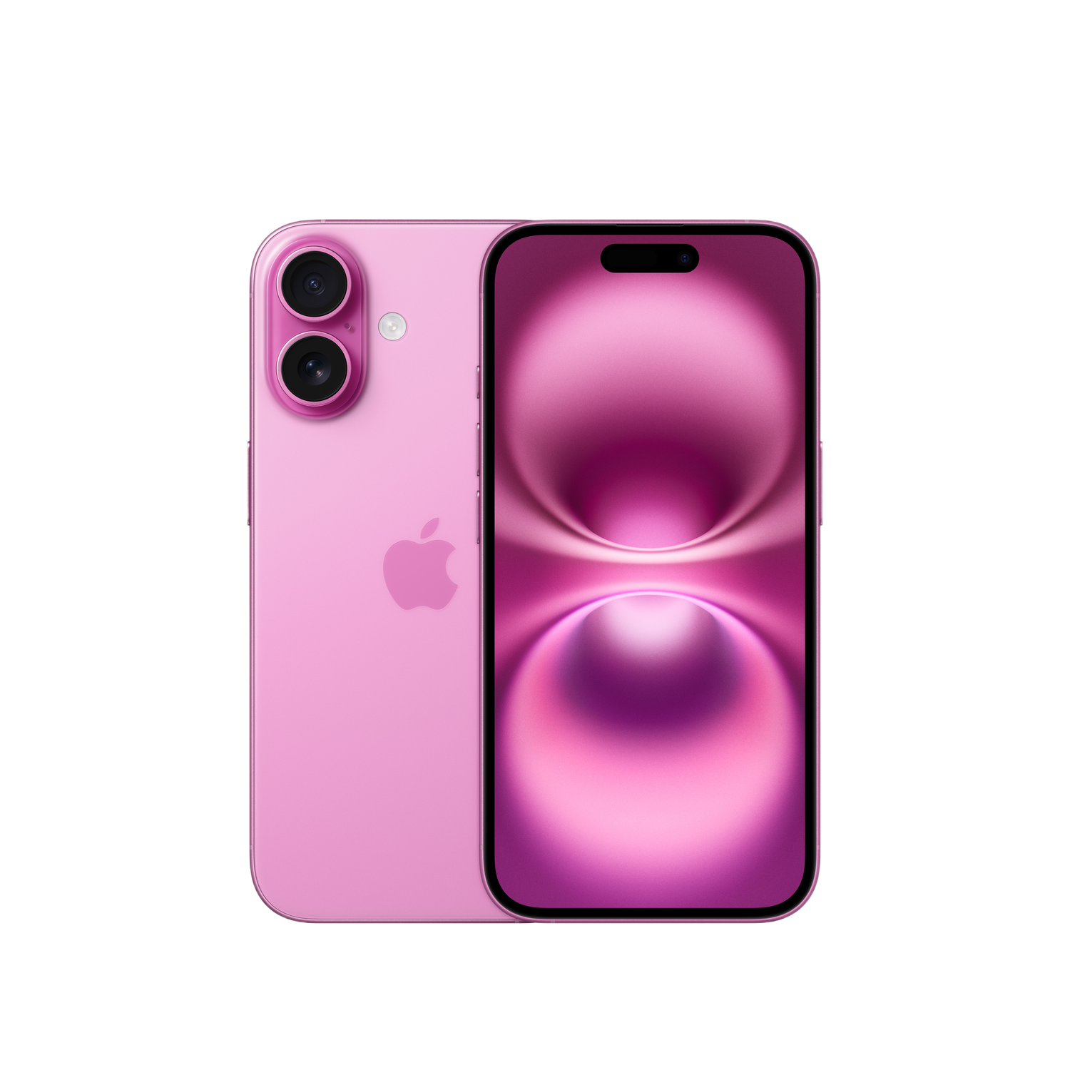 Téléphone rose. Deux caméras à l'arrière, avec logo Apple rose. Écran avec dégradé rose.