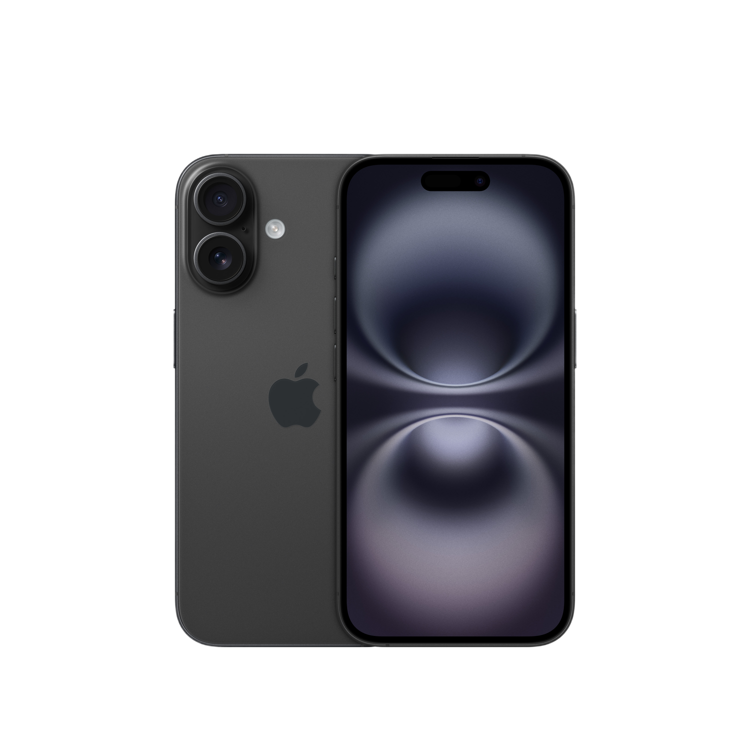 iPhone noir avec deux caméras arrière et logo Apple. L'écran affiche un design sombre et flou.