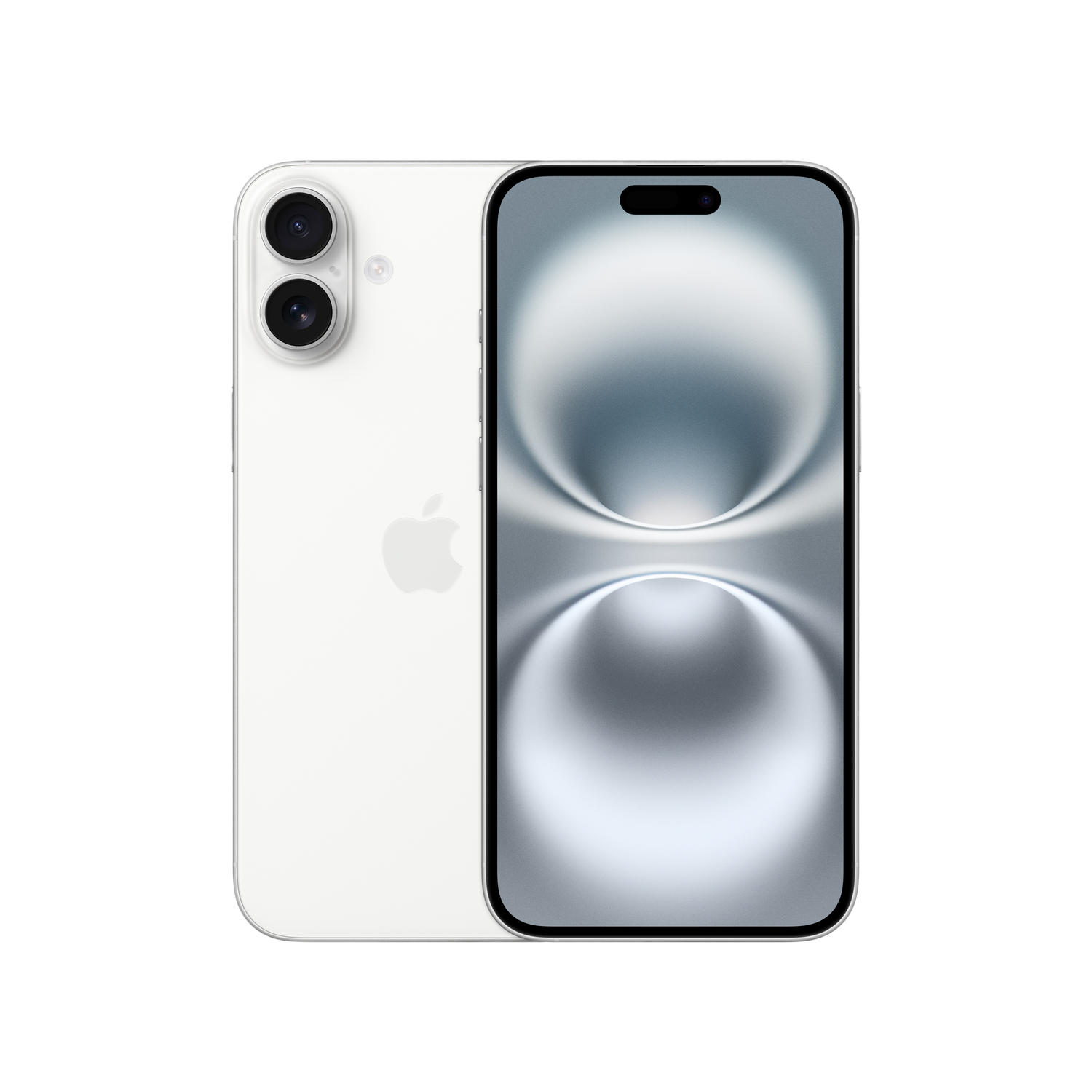 White iPhone, back and front view. Two cameras, Apple logo, and a full-screen display with a gradient.