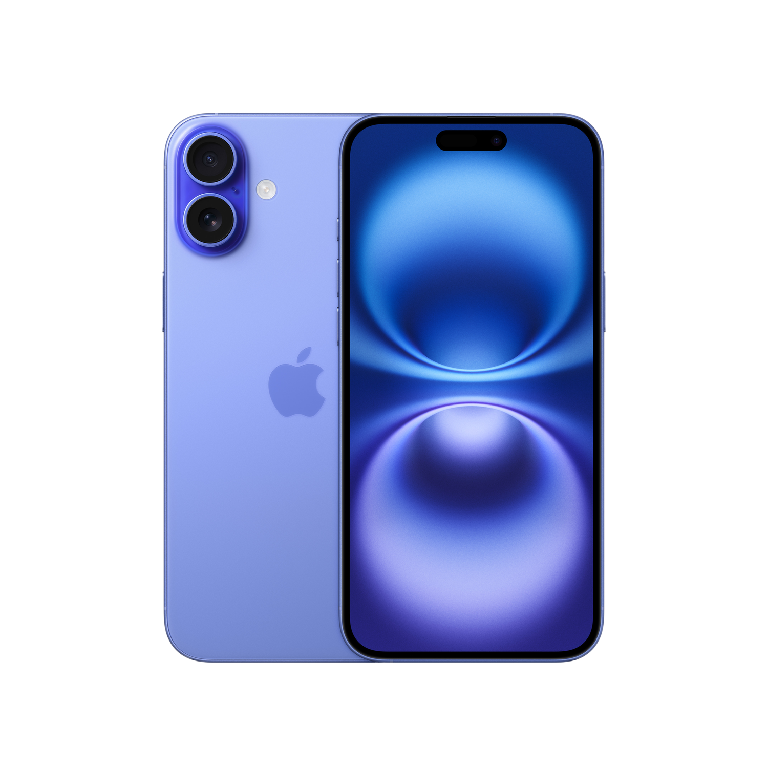 Un iPhone bleu avec deux caméras arrière. L'écran affiche un design bleu. Le logo Apple est au dos.