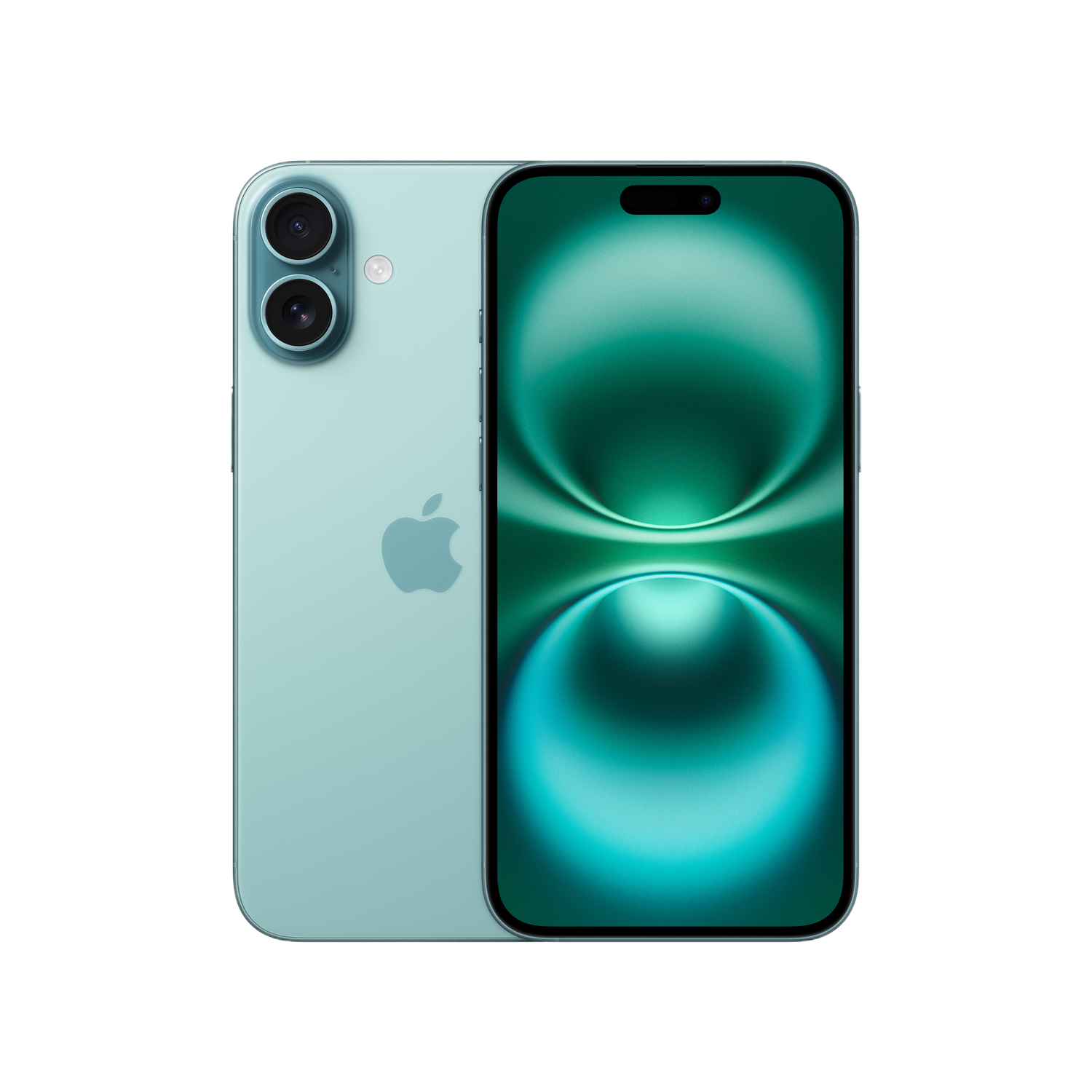 iPhone bleu clair avec deux caméras arrière et écran avant avec fond vert.