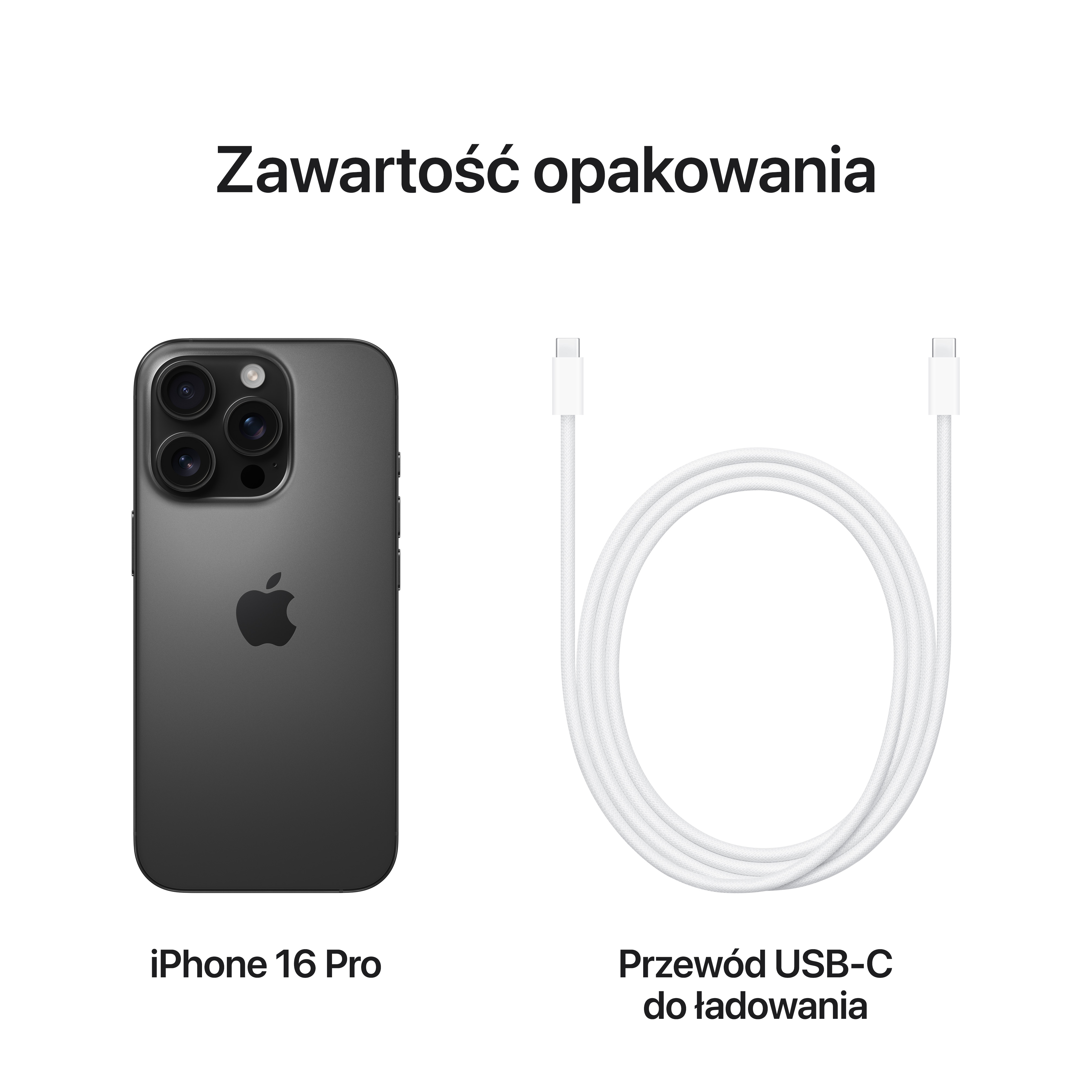 iPhone 16 Pro i kabel ładujący USB-C na białym tle.