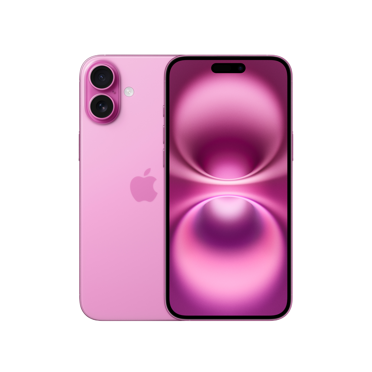 Un iPhone rose avec une bosse de caméra rose à l'arrière. L'écran affiche un dégradé rose. Le fond est noir.