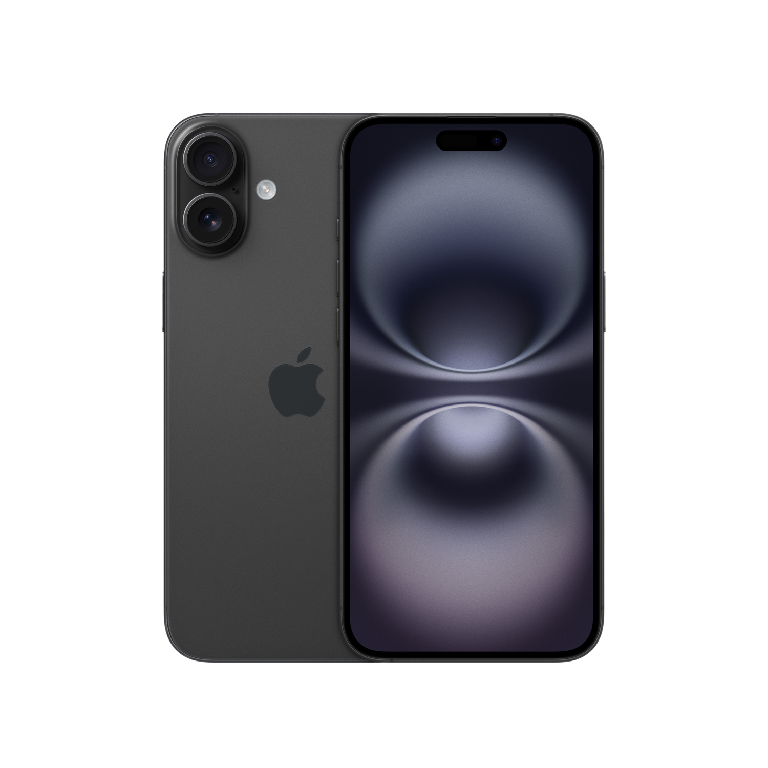 Téléphone gris foncé avec le logo Apple et deux caméras. L'écran est allumé. Fond noir.