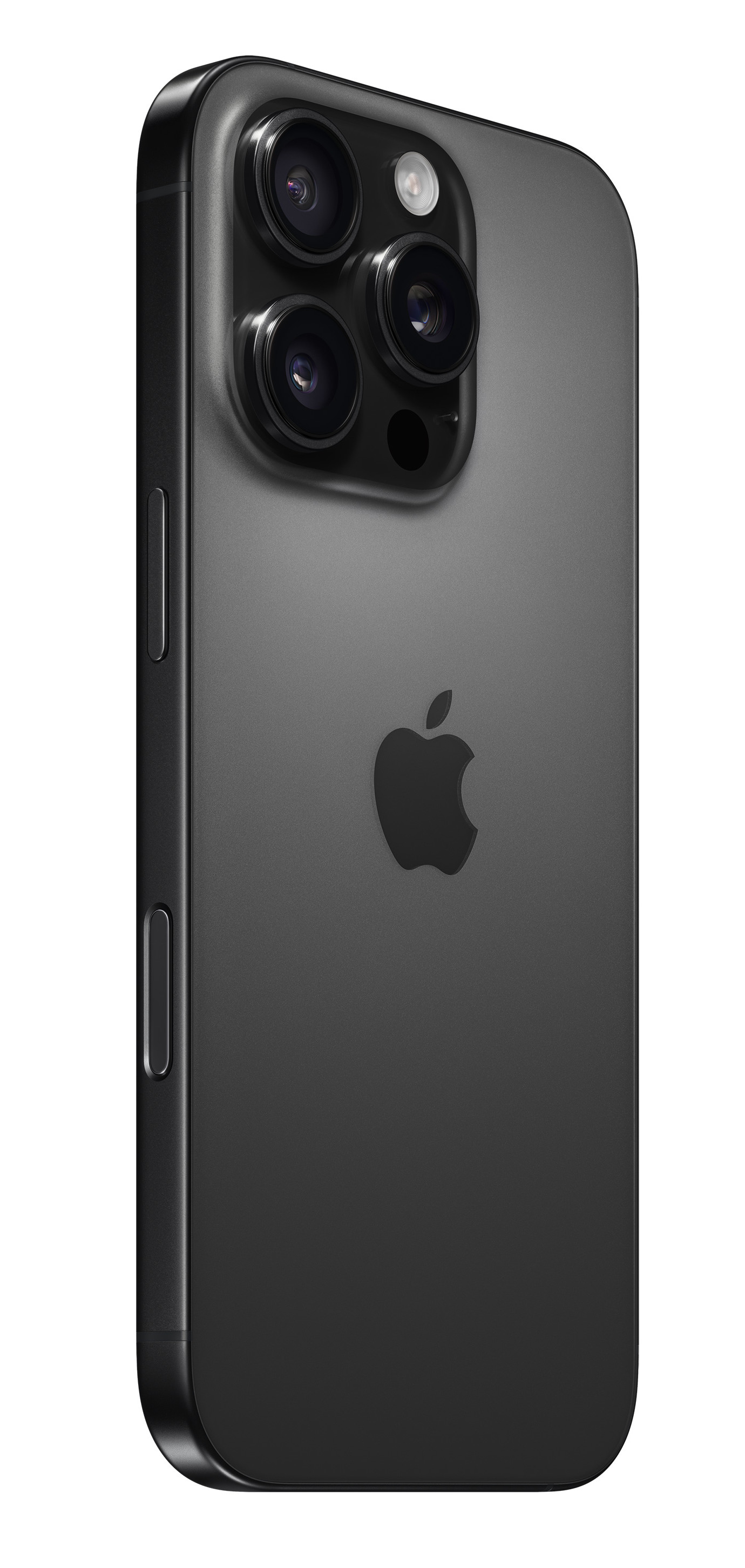 Czarny smartfon z systemem potrójnego aparatu z tyłu, pokazujący logo Apple, profil boczny.