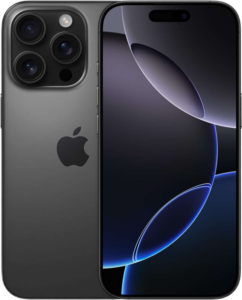 A dark gray iPhone showing the back with cameras and Apple logo, and the screen with a white and blue abstract design.