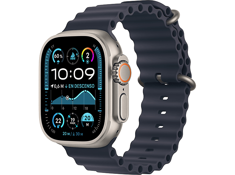 Apple Watch Ultra 2 (2024), GPS + Cellular, 49 mm, Caja de Titanio Natural, Gesto doble toque, Correa Ocean Band color Azul marino