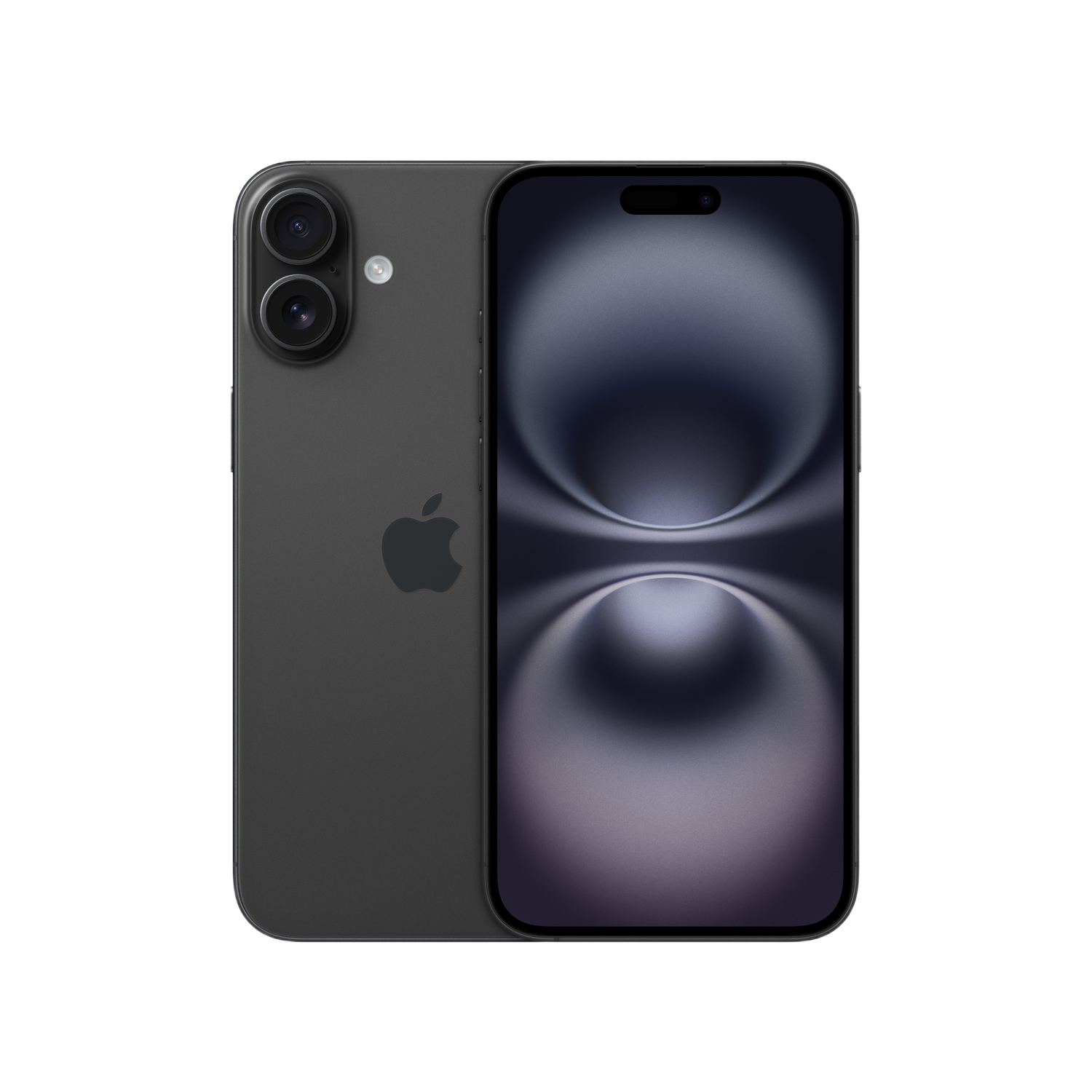 Donkergrijze smartphone. Apple-logo op de achterkant. Voorkant met een donkere gradiënt.