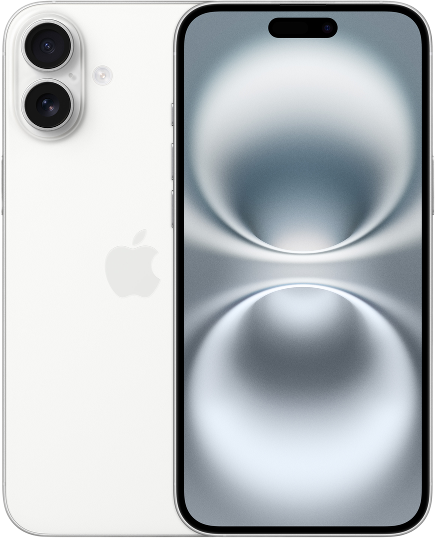 Een witte smartphone met dubbele camera, een scherm met verloop en een Apple-logo op de achterkant.