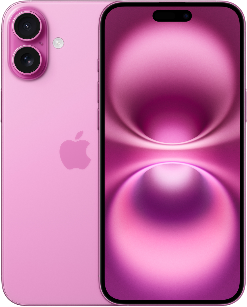 Een roze smartphone met twee camera's. Het scherm toont een roze gradiënt. Apple-logo op de achterkant.