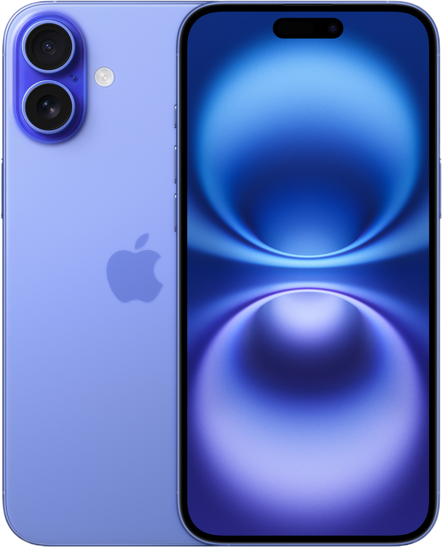 Een lavendelkleurige iPhone met een blauw scherm. De telefoon heeft twee cameralenzen en een Apple-logo. Het scherm toont een blauwe gradiënt.