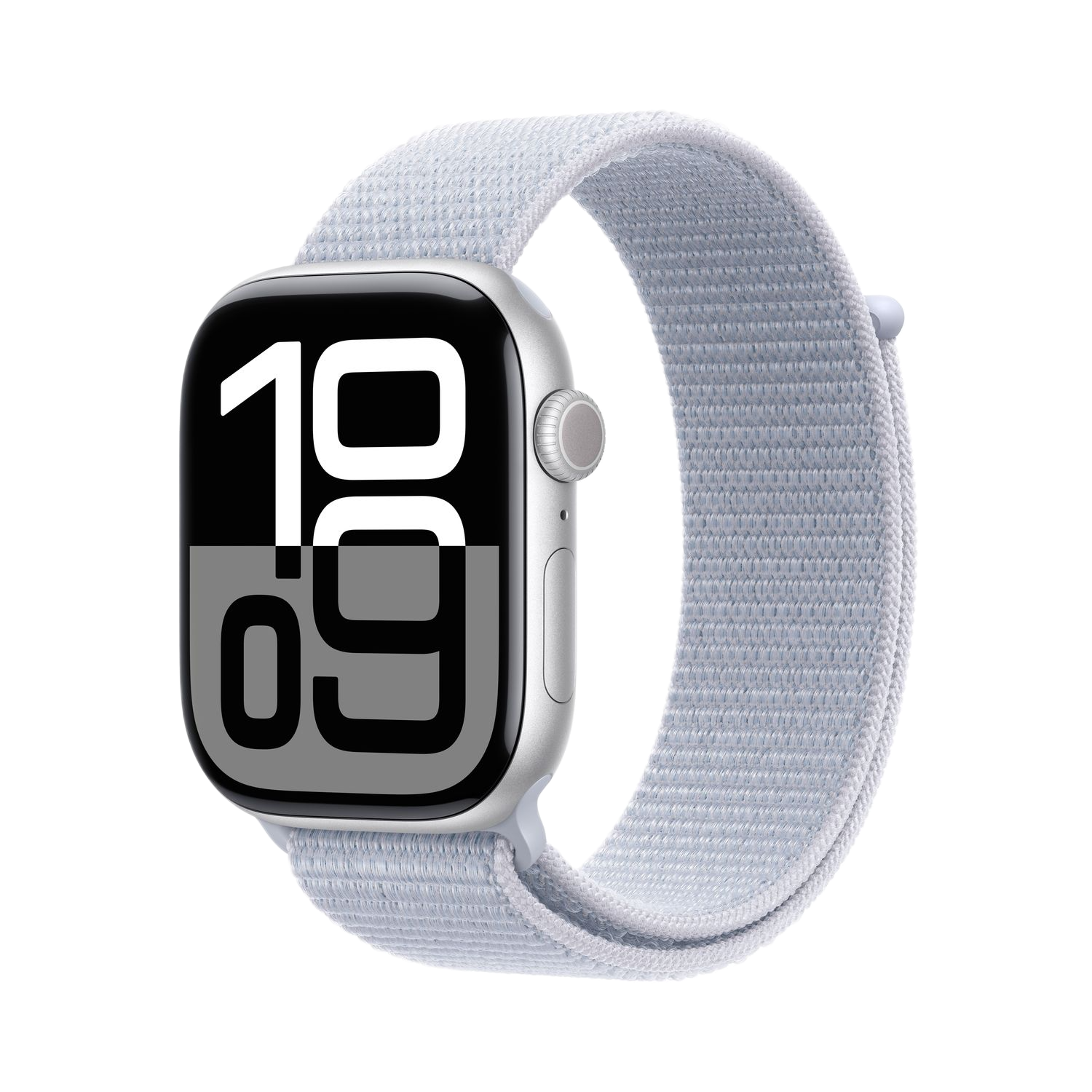 Zilveren Apple Watch met lichtblauwe band, geeft de tijd weer op een zwart scherm.